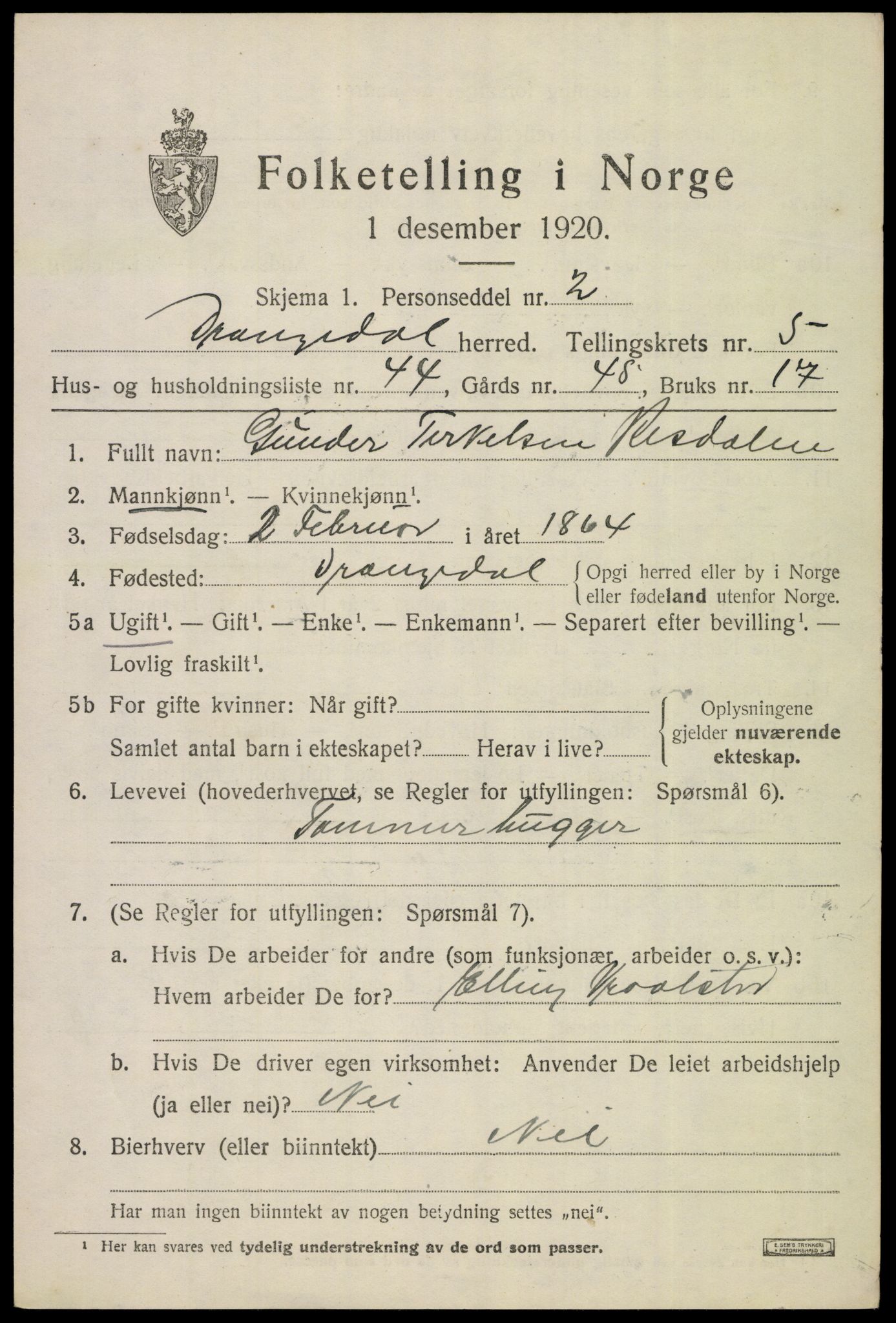 SAKO, 1920 census for Drangedal, 1920, p. 4227