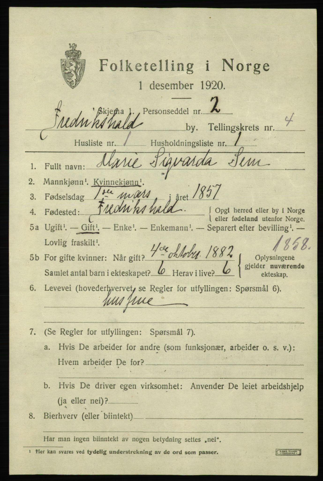 SAO, 1920 census for Fredrikshald, 1920, p. 11263