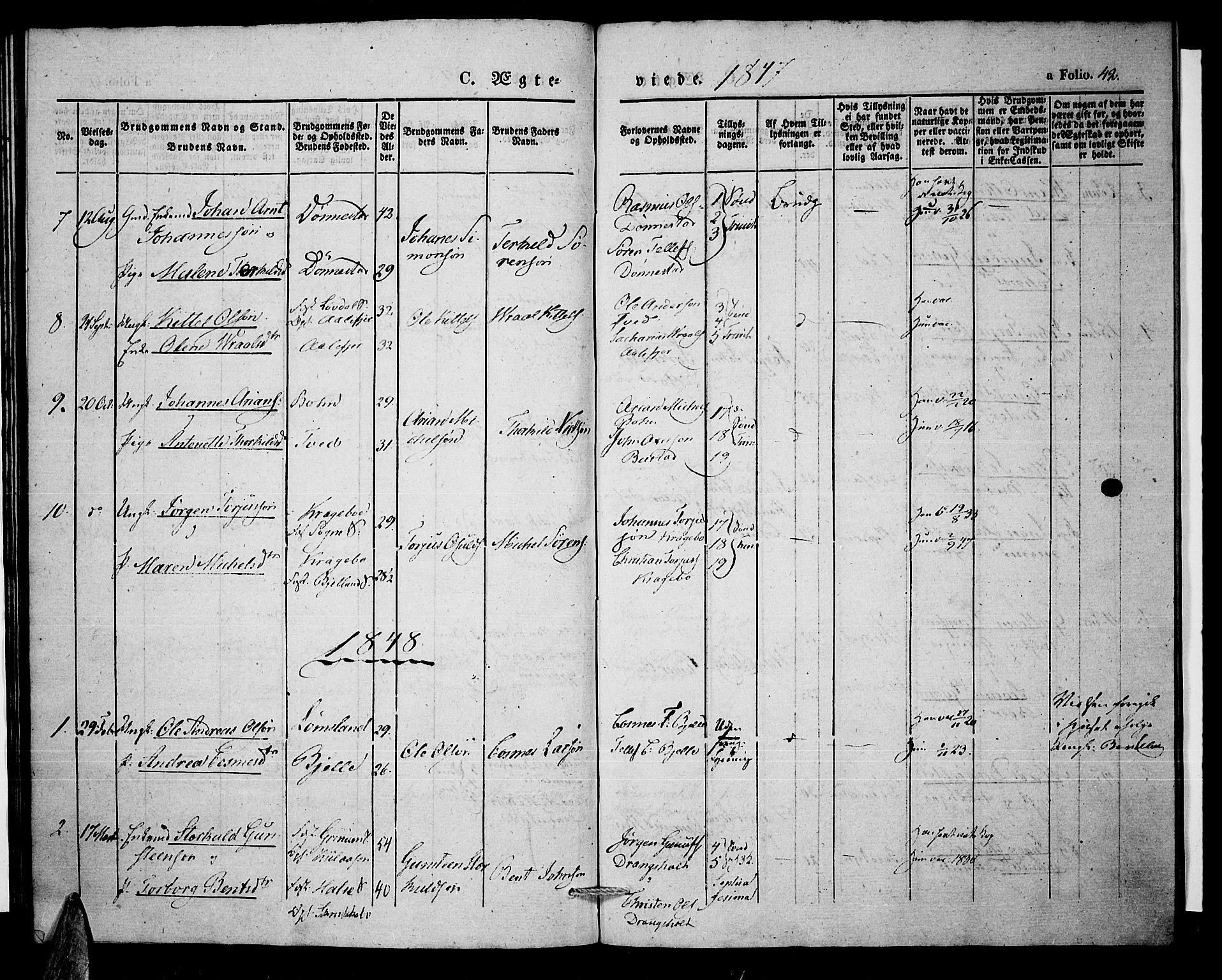 Tveit sokneprestkontor, AV/SAK-1111-0043/F/Fa/L0004: Parish register (official) no. A 4, 1843-1852, p. 42