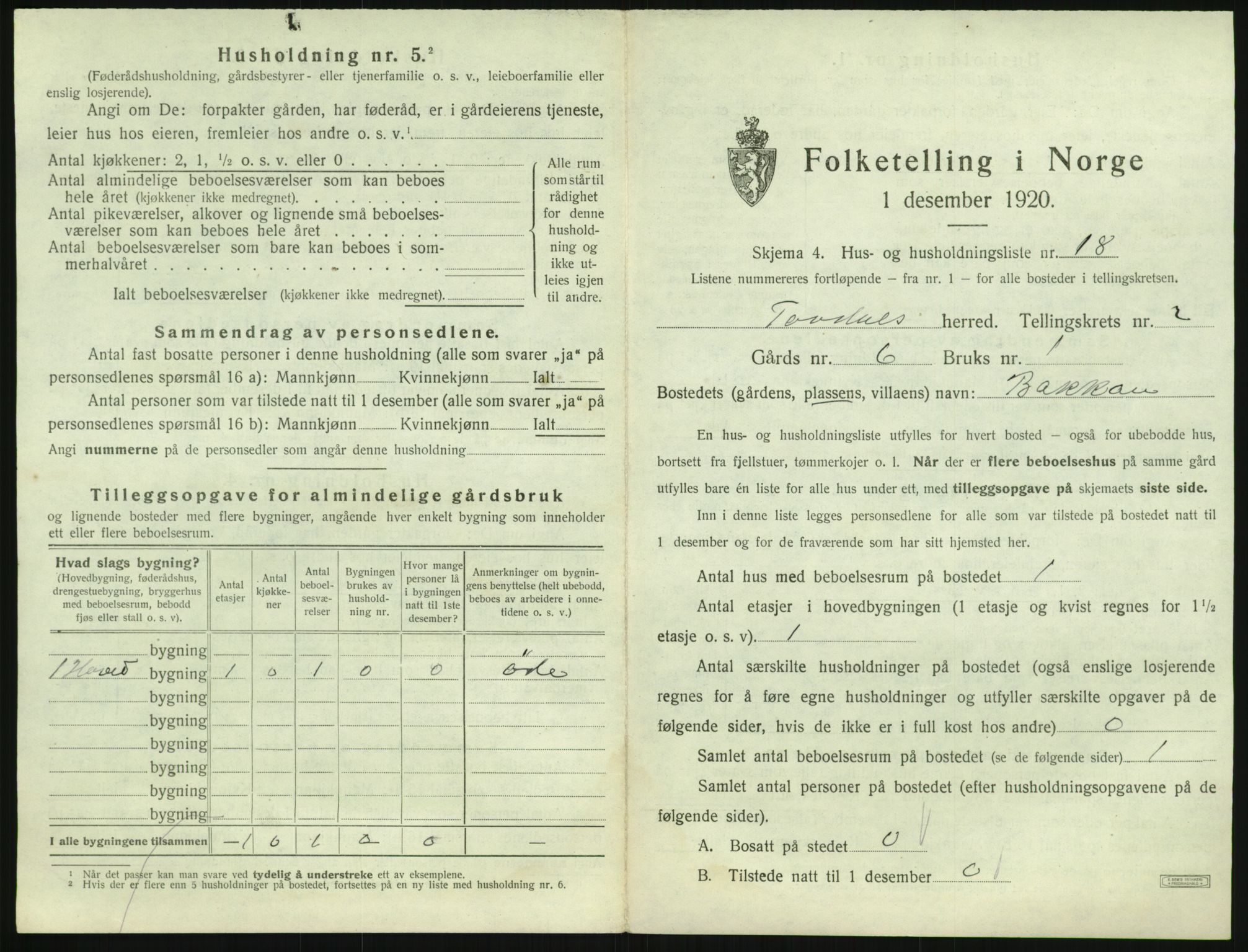 SAK, 1920 census for Tovdal, 1920, p. 75