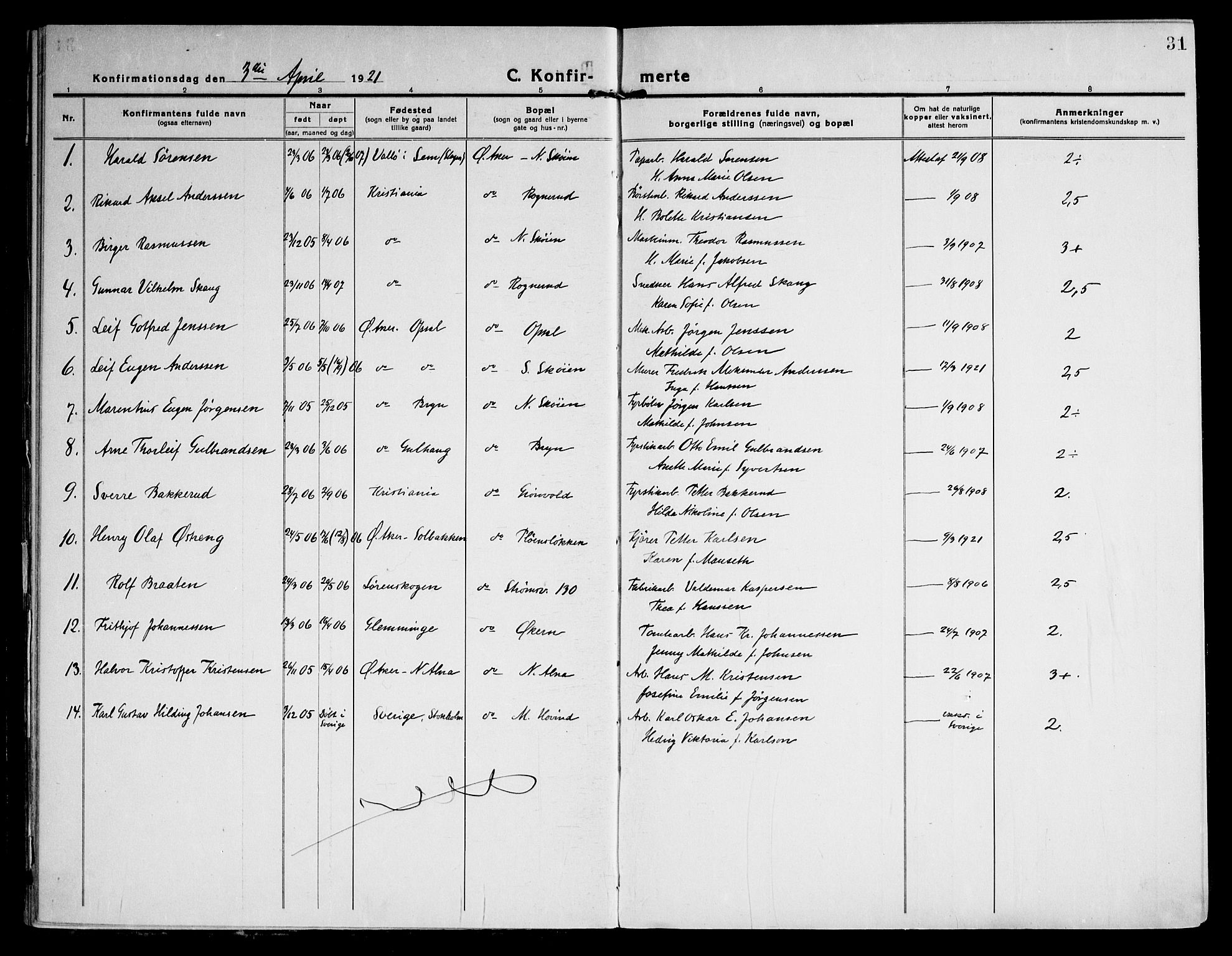 Østre Aker prestekontor Kirkebøker, AV/SAO-A-10840/F/Fa/L0013: Parish register (official) no. I 13, 1918-1929, p. 31