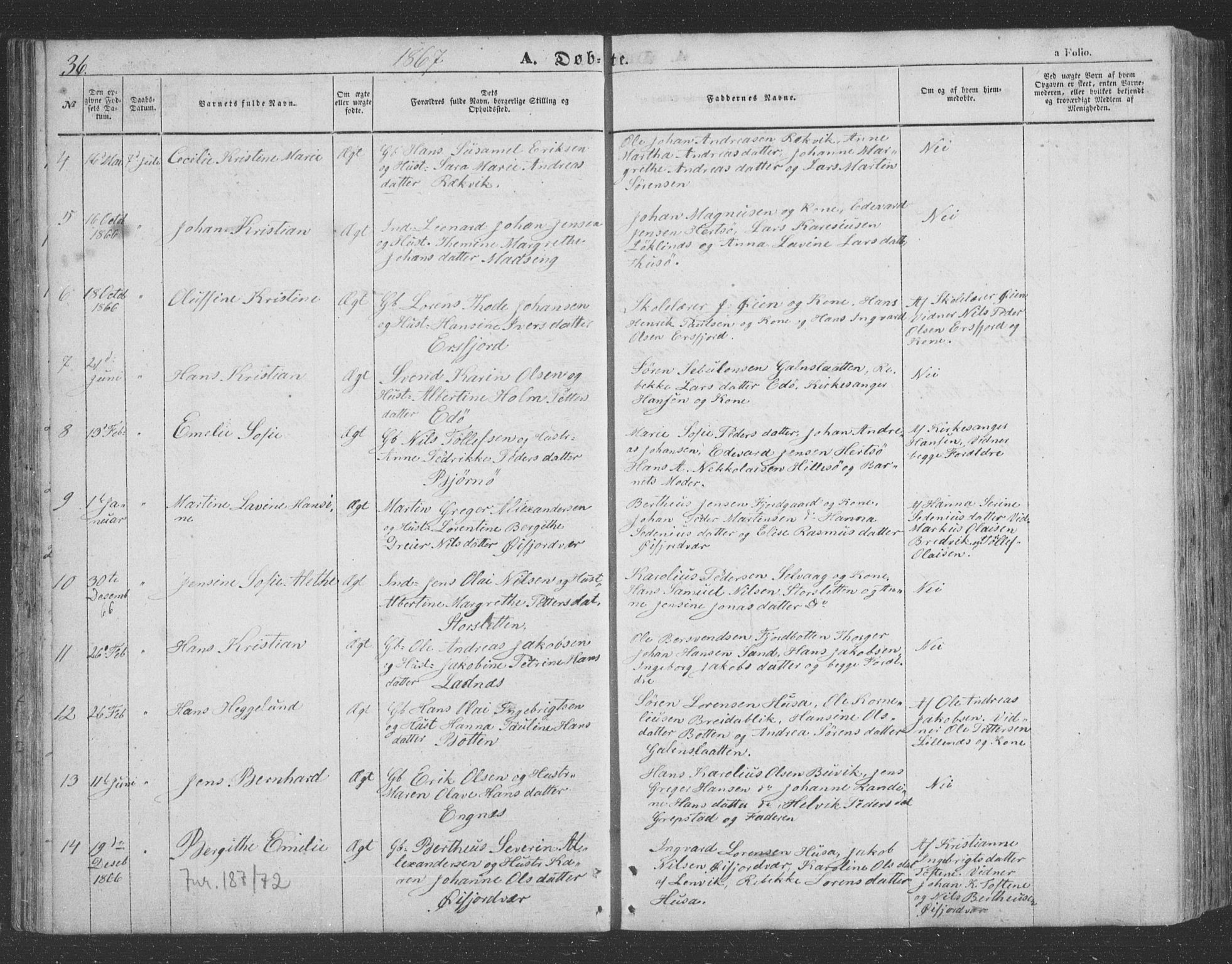 Lenvik sokneprestembete, SATØ/S-1310/H/Ha/Hab/L0020klokker: Parish register (copy) no. 20, 1855-1883, p. 36