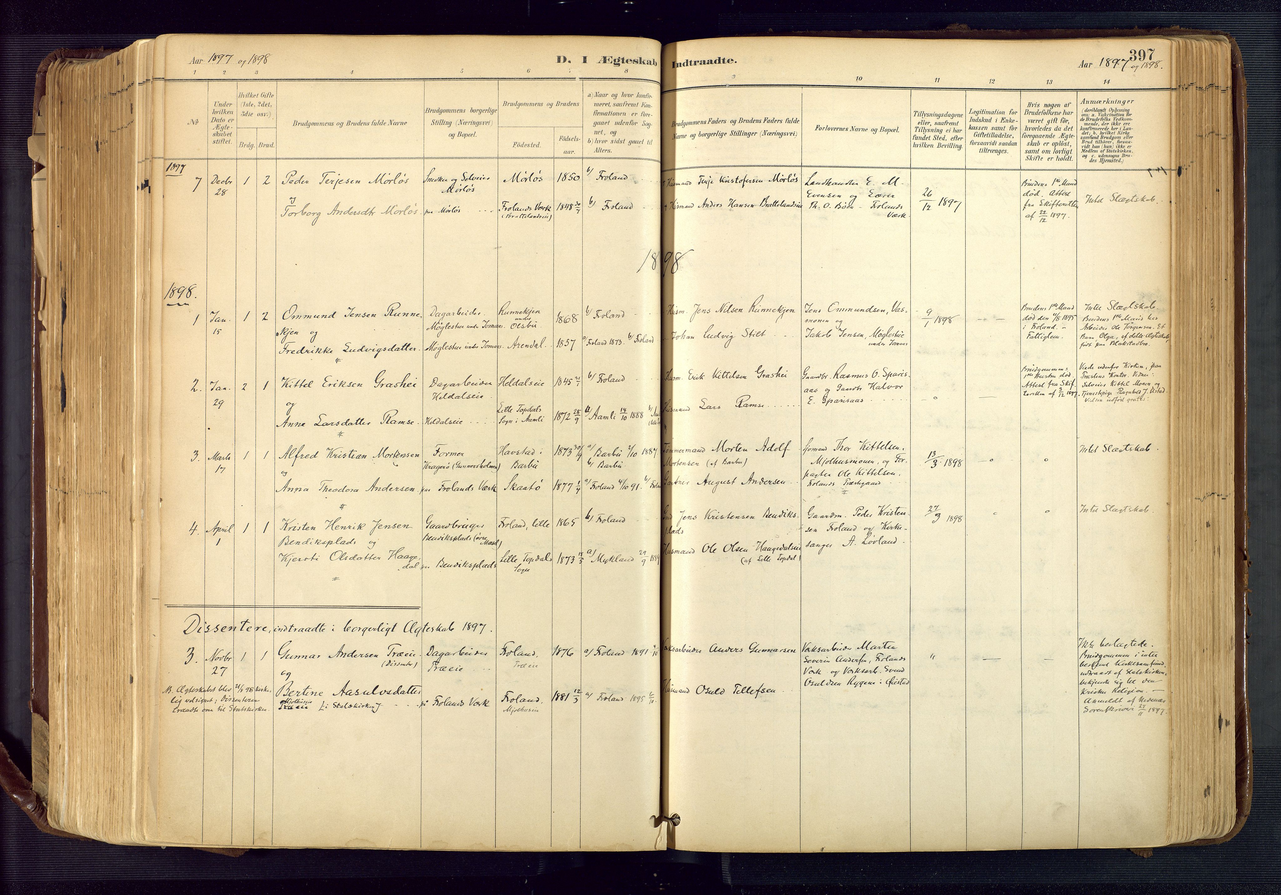 Froland sokneprestkontor, SAK/1111-0013/F/Fa/L0005: Parish register (official) no. A 5, 1882-1921, p. 397