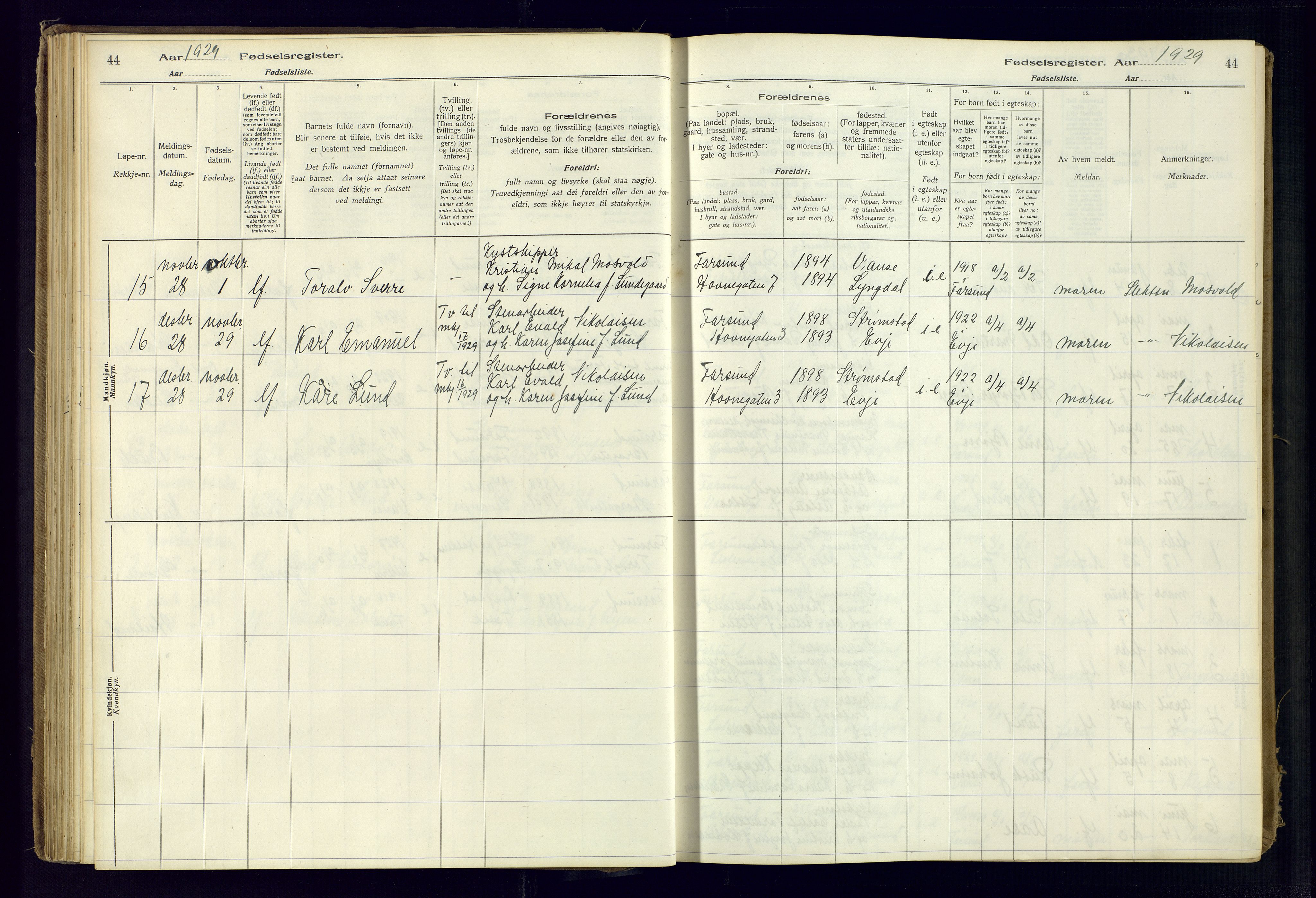 Farsund sokneprestkontor, AV/SAK-1111-0009/J/Ja/L0001: Birth register no. A-VI-8, 1916-1950, p. 44