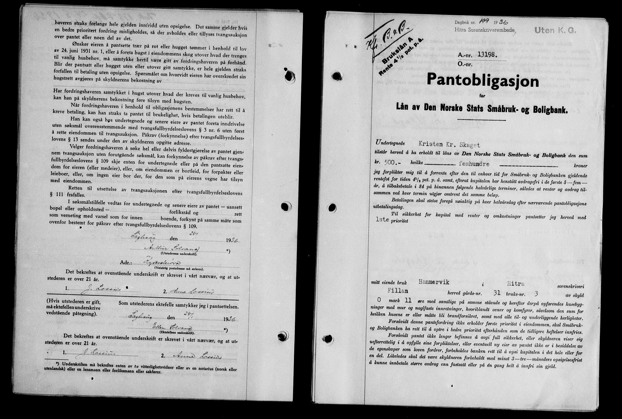 Hitra sorenskriveri, AV/SAT-A-0018/2/2C/2Ca/L0028: Mortgage book no. B-1, 1936-1939, Diary no: : 199/1936