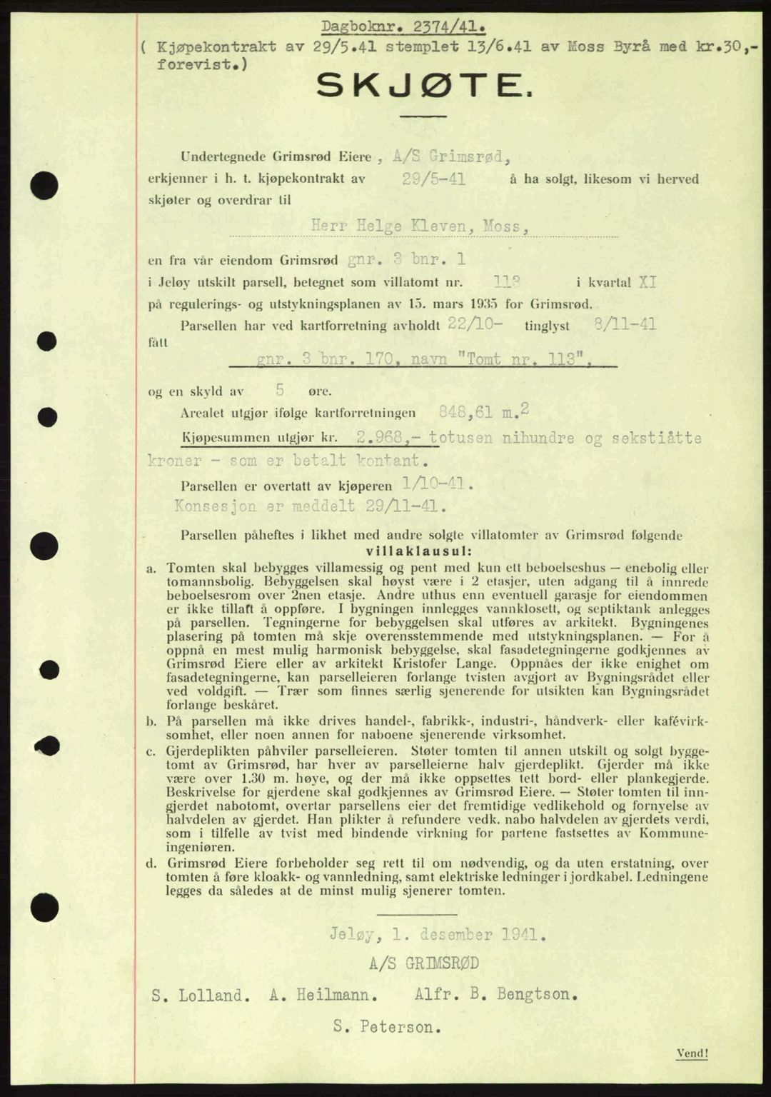 Moss sorenskriveri, SAO/A-10168: Mortgage book no. A9, 1941-1942, Diary no: : 2374/1941