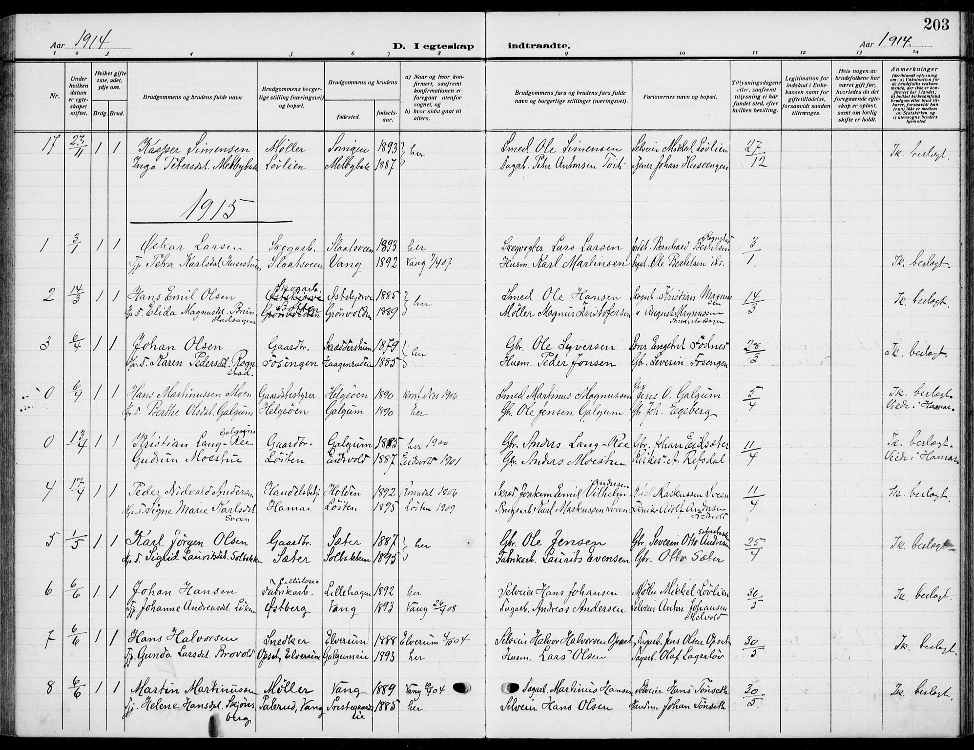 Romedal prestekontor, AV/SAH-PREST-004/K/L0012: Parish register (official) no. 12, 1913-1935, p. 203