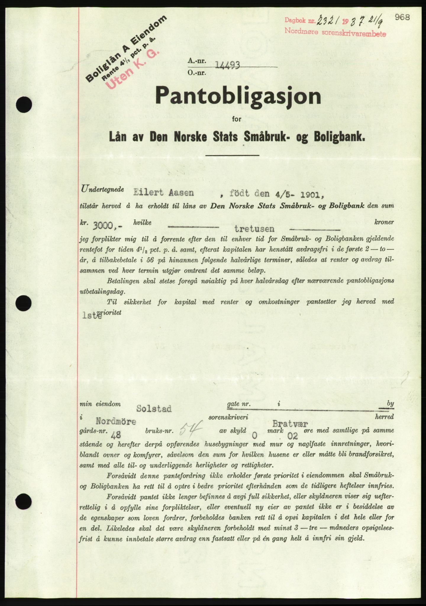 Nordmøre sorenskriveri, AV/SAT-A-4132/1/2/2Ca/L0091: Mortgage book no. B81, 1937-1937, Diary no: : 2321/1937