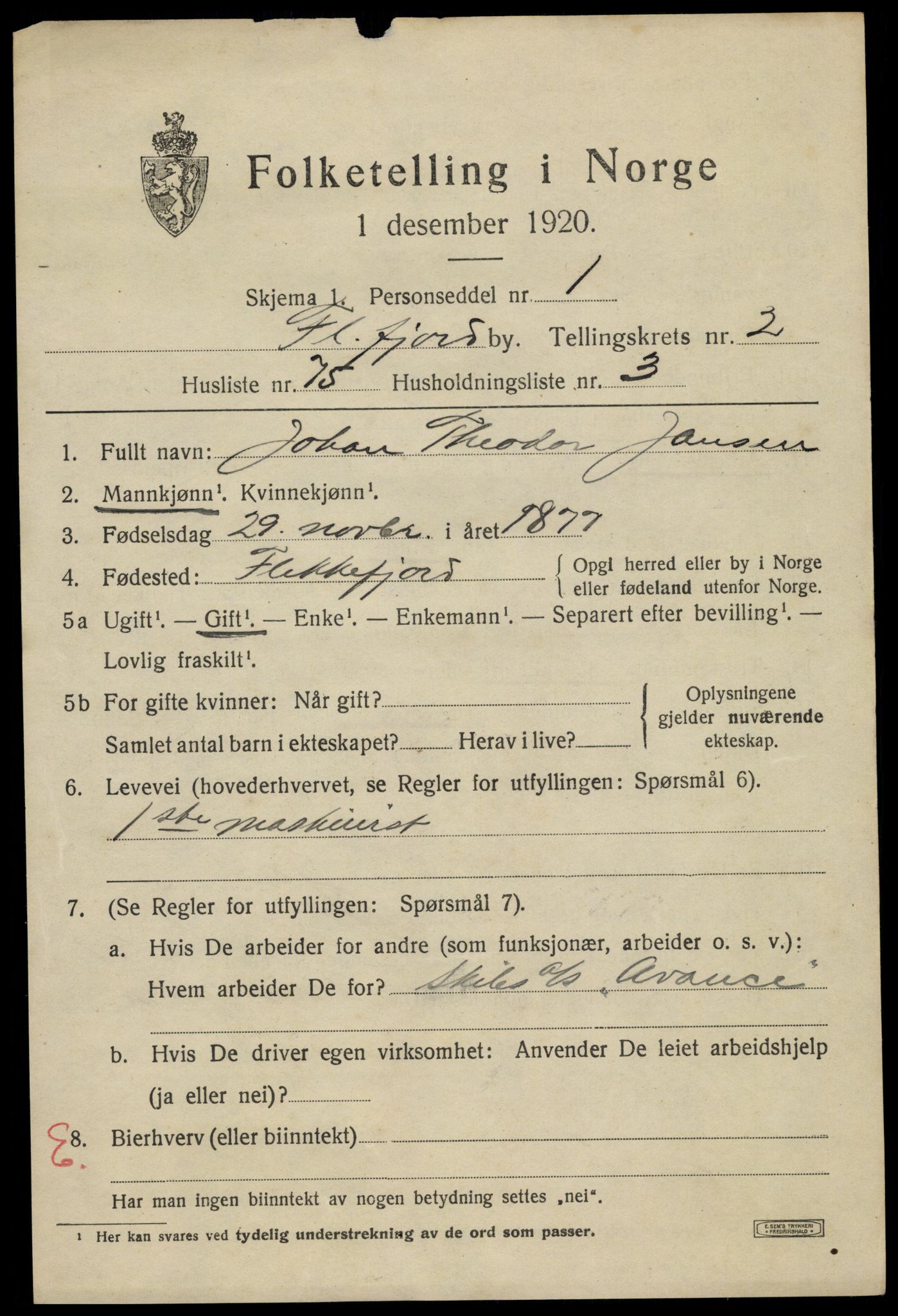 SAK, 1920 census for Flekkefjord, 1920, p. 3398