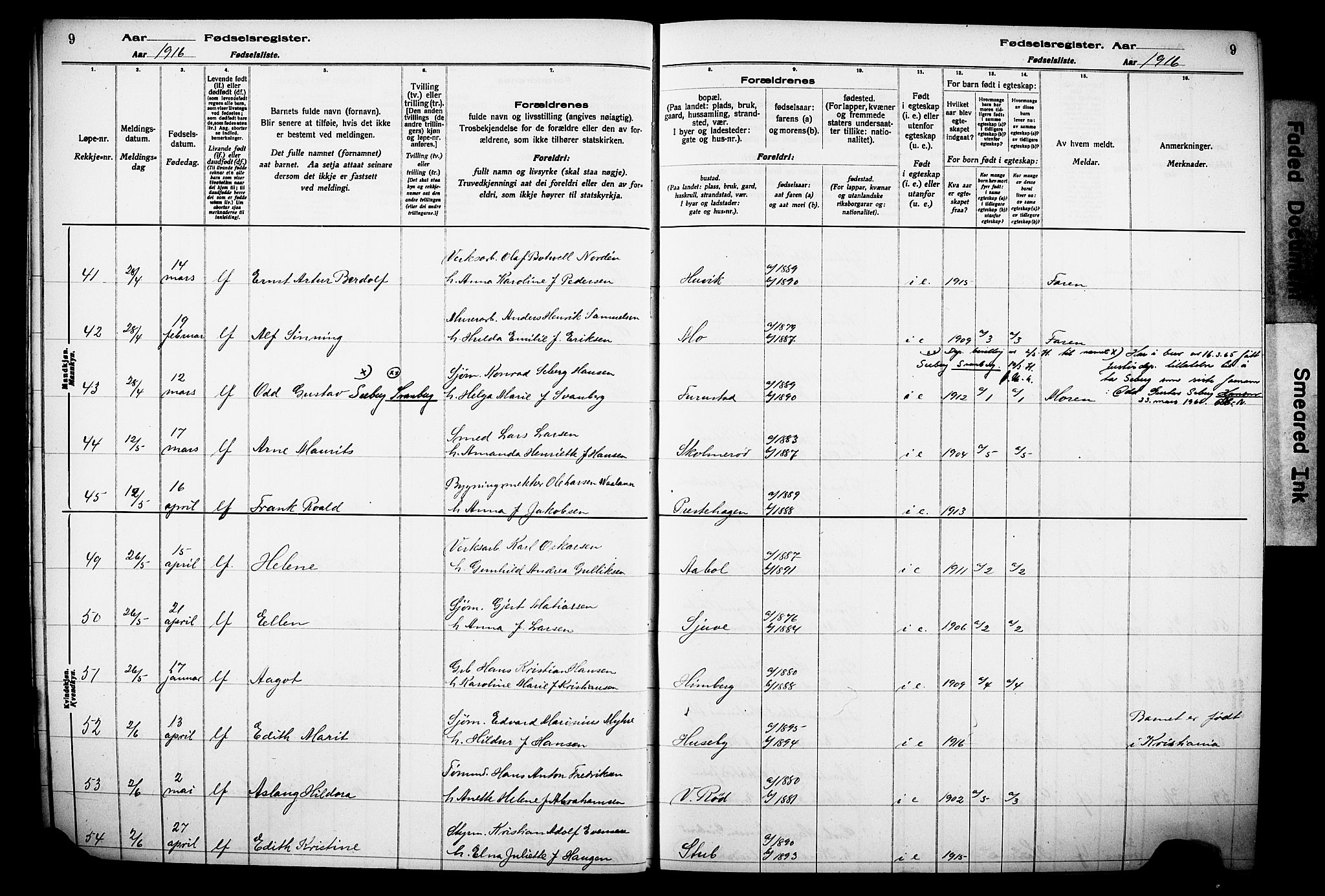 Sandar kirkebøker, AV/SAKO-A-243/J/Ja/L0001: Birth register no. 1, 1916-1922, p. 9