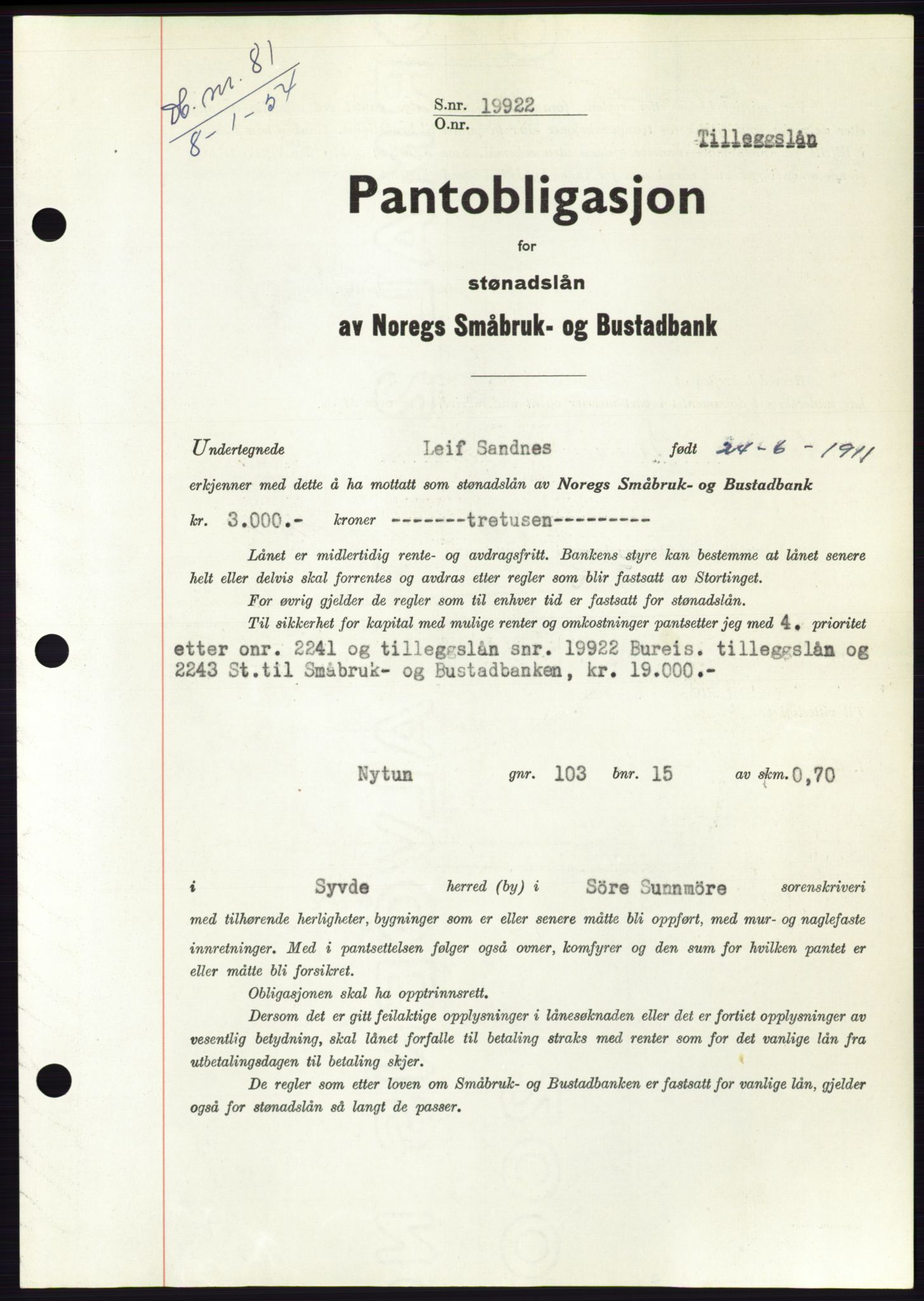 Søre Sunnmøre sorenskriveri, AV/SAT-A-4122/1/2/2C/L0124: Mortgage book no. 12B, 1953-1954, Diary no: : 81/1954