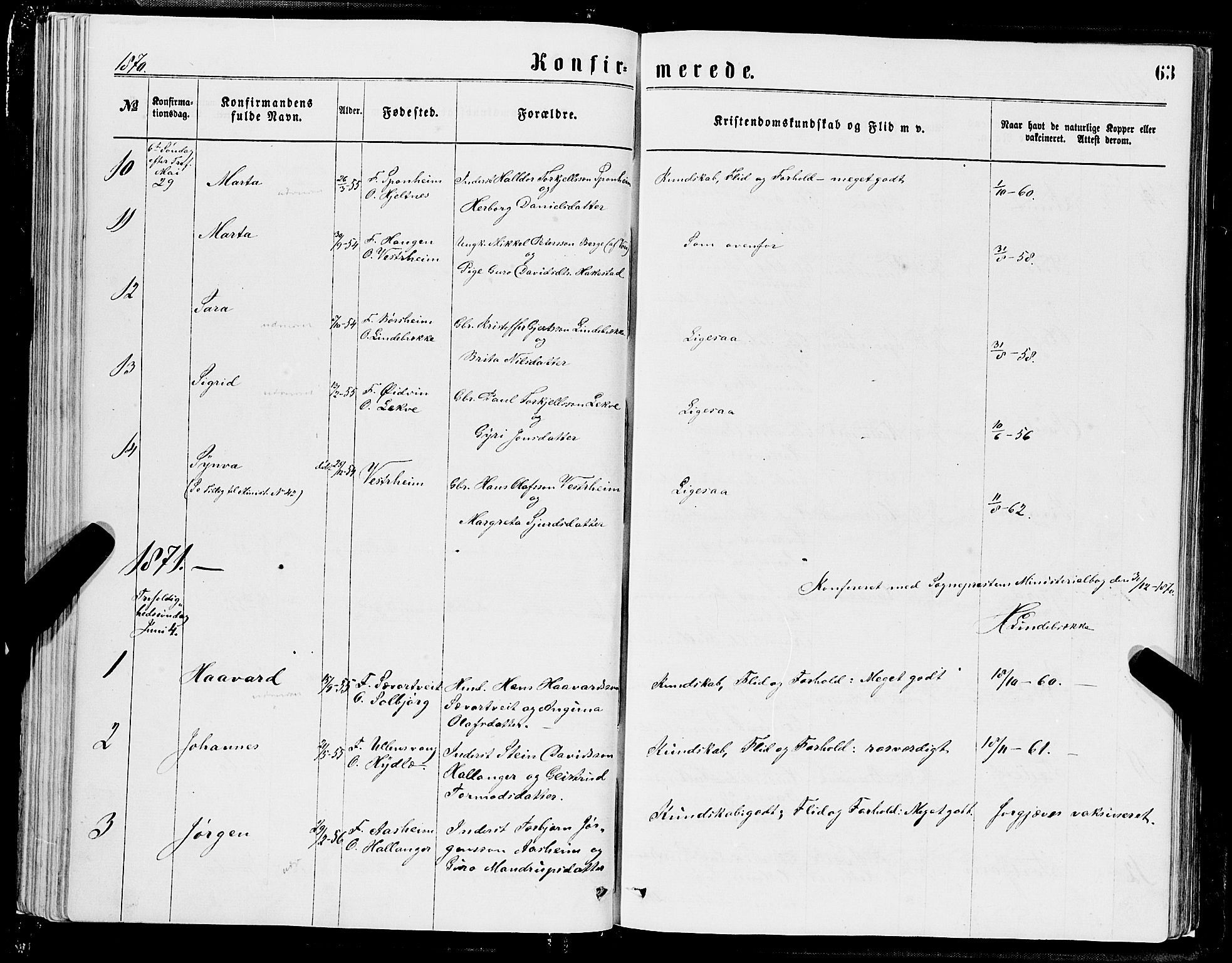 Ulvik sokneprestembete, SAB/A-78801/H/Hab: Parish register (copy) no. A 2, 1869-1882, p. 63