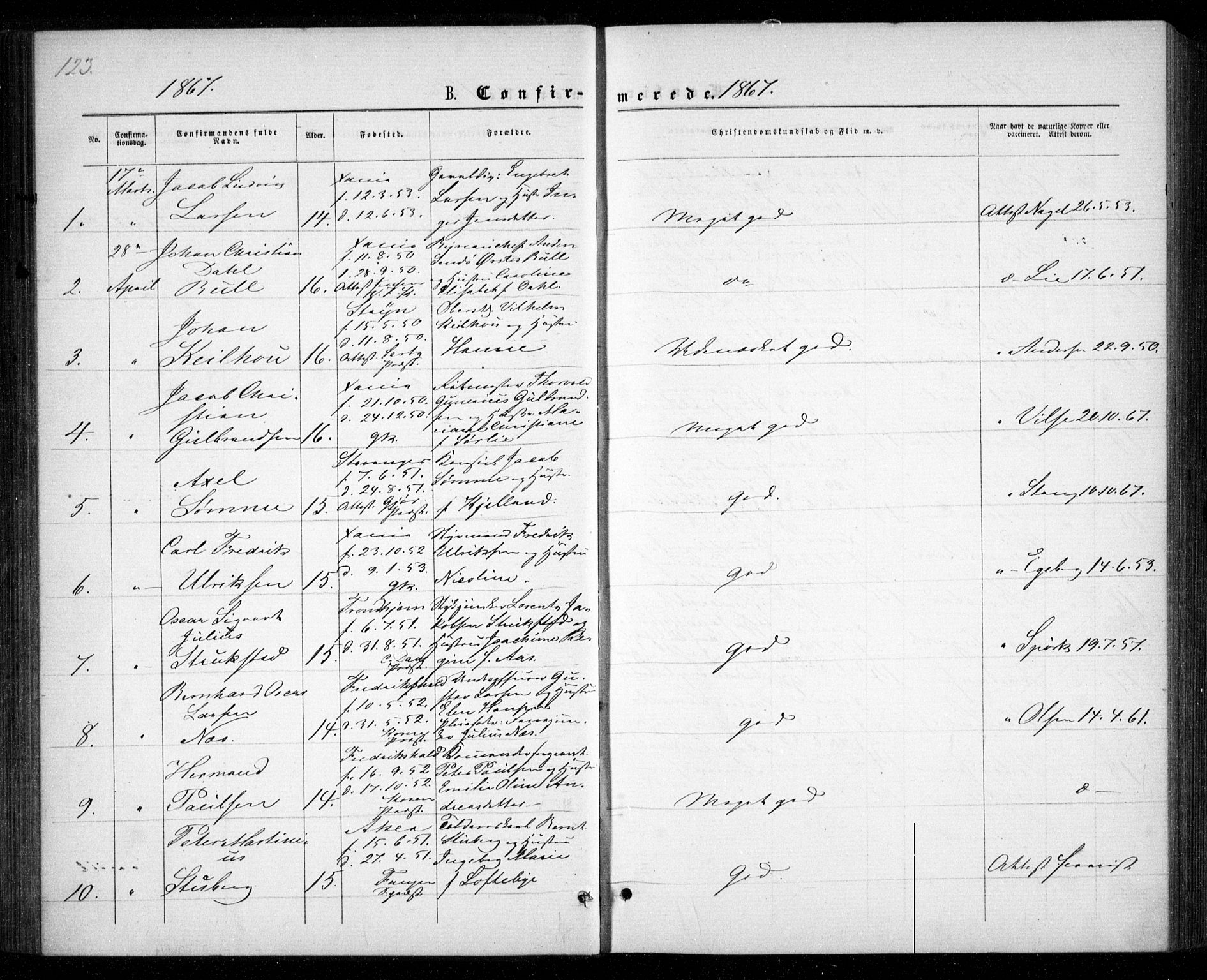 Garnisonsmenigheten Kirkebøker, SAO/A-10846/G/Ga/L0006: Parish register (copy) no. 6, 1860-1880, p. 123