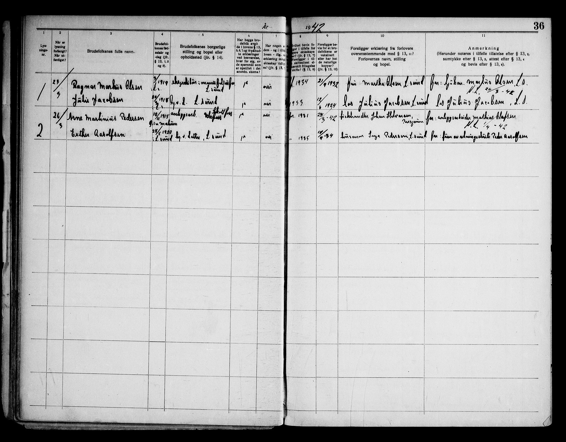 Langesund kirkebøker, SAKO/A-280/H/Ha/L0001: Banns register no. 1, 1919-1973, p. 36
