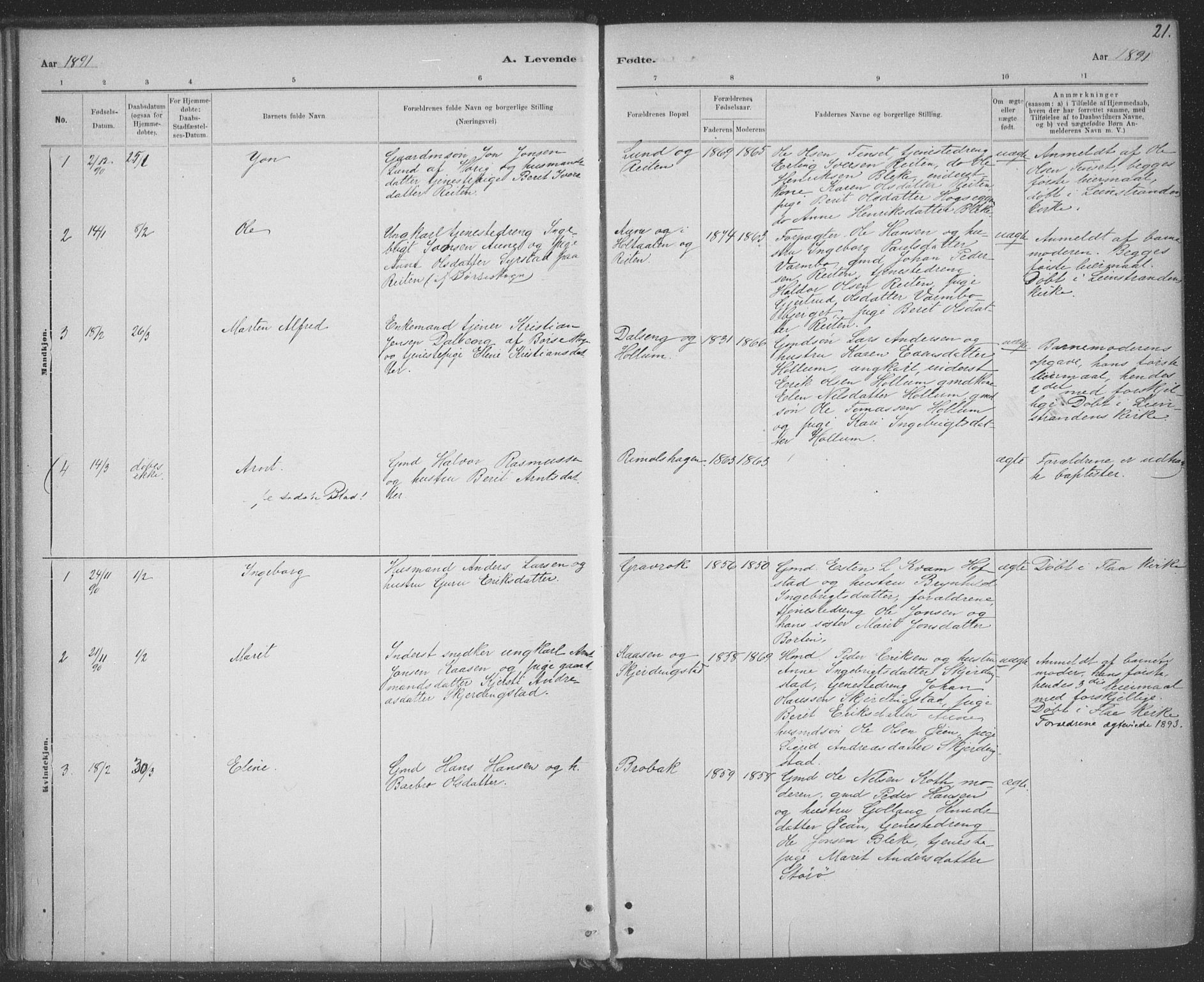 Ministerialprotokoller, klokkerbøker og fødselsregistre - Sør-Trøndelag, AV/SAT-A-1456/691/L1085: Parish register (official) no. 691A17, 1887-1908, p. 21