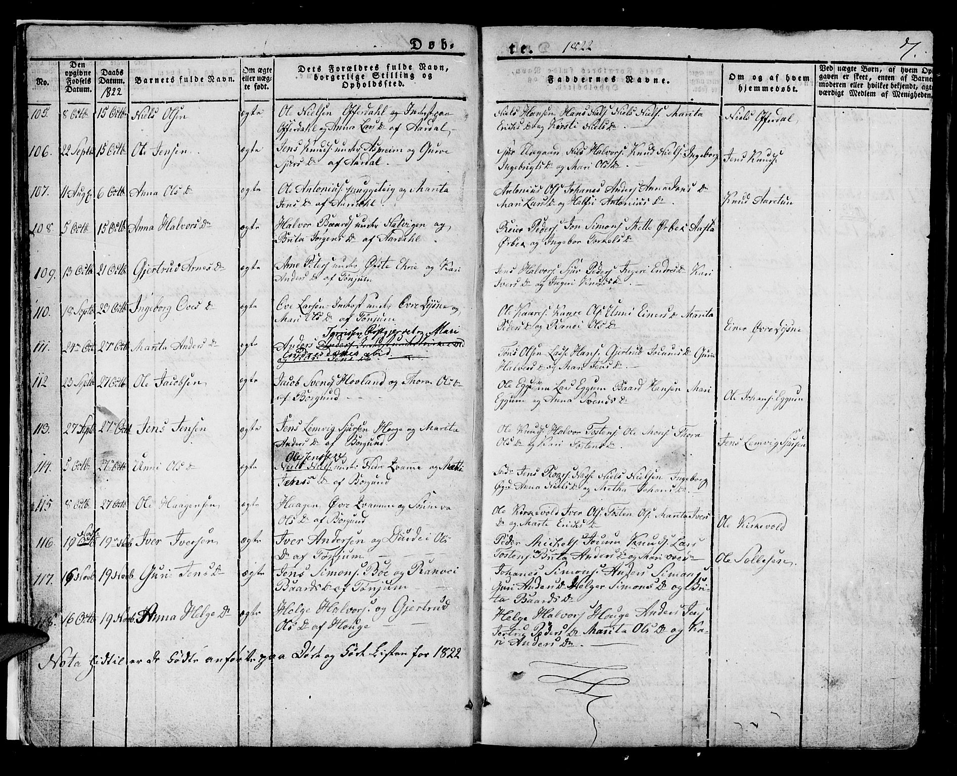 Lærdal sokneprestembete, SAB/A-81201: Parish register (official) no. A 5, 1822-1834, p. 7