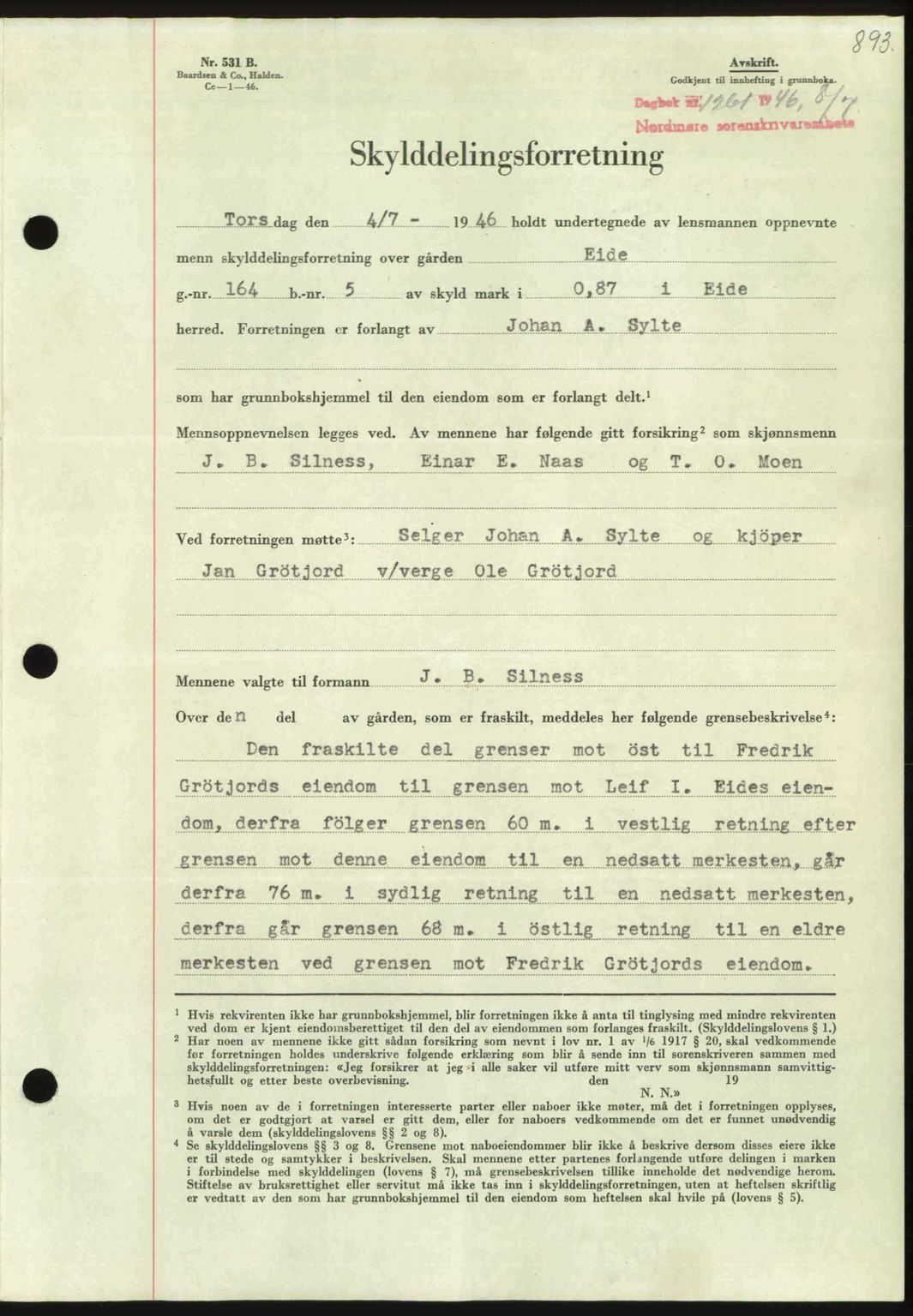 Nordmøre sorenskriveri, AV/SAT-A-4132/1/2/2Ca: Mortgage book no. A101, 1946-1946, Diary no: : 1261/1946