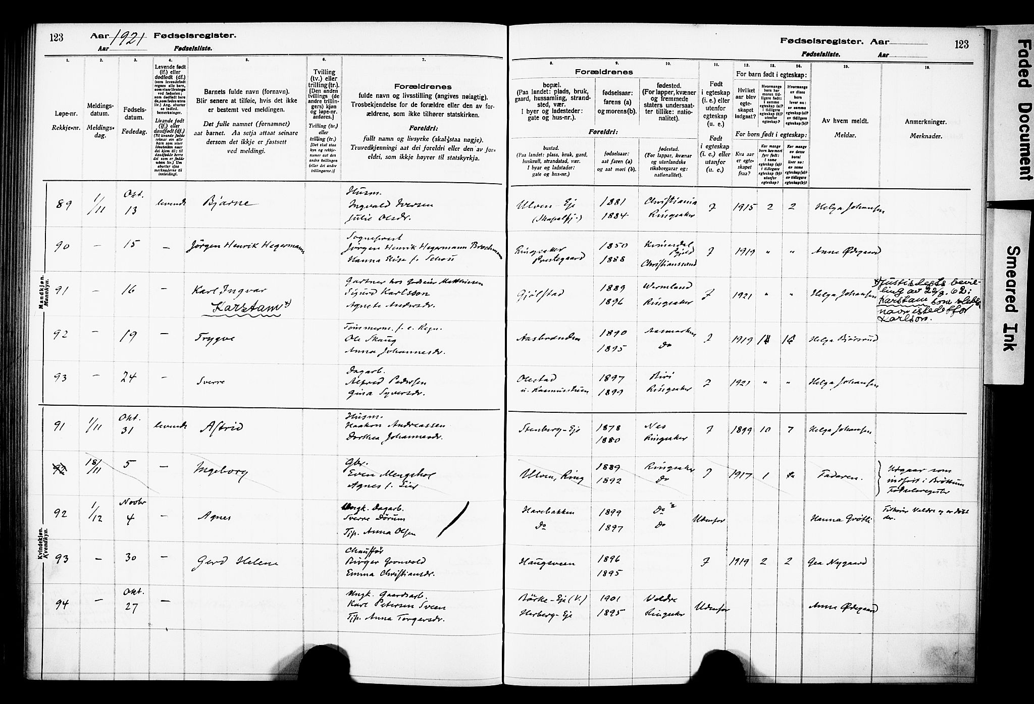 Ringsaker prestekontor, AV/SAH-PREST-014/O/Oa/L0001: Birth register no. 1, 1916-1925, p. 123