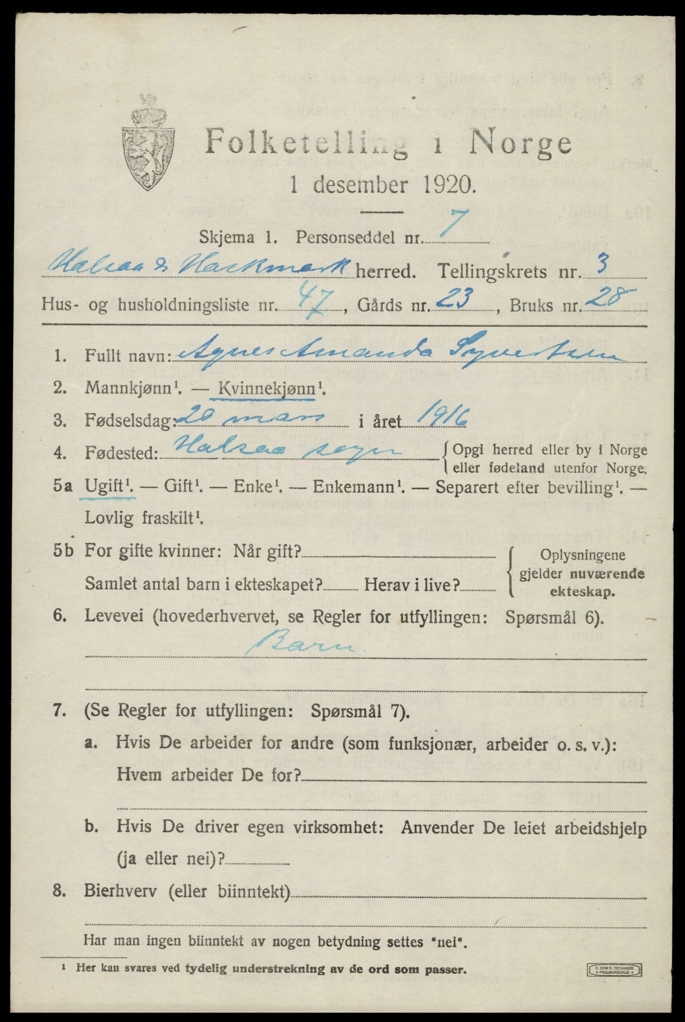 SAK, 1920 census for Halse og Harkmark, 1920, p. 2838