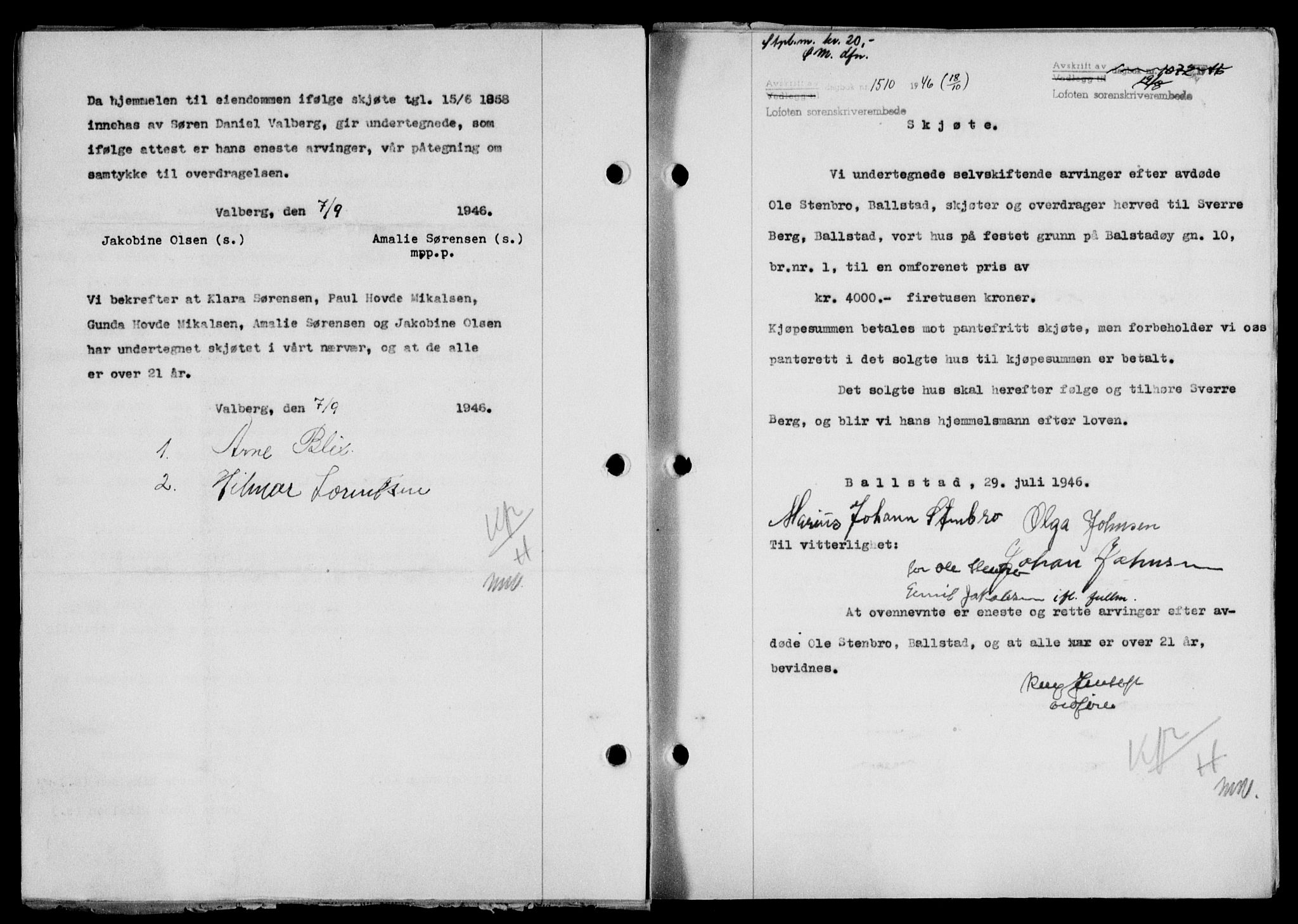 Lofoten sorenskriveri, SAT/A-0017/1/2/2C/L0014a: Mortgage book no. 14a, 1946-1946, Diary no: : 1510/1946