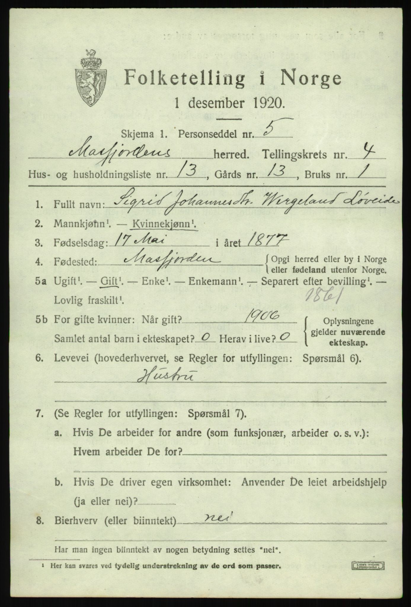 SAB, 1920 census for Masfjorden, 1920, p. 1889