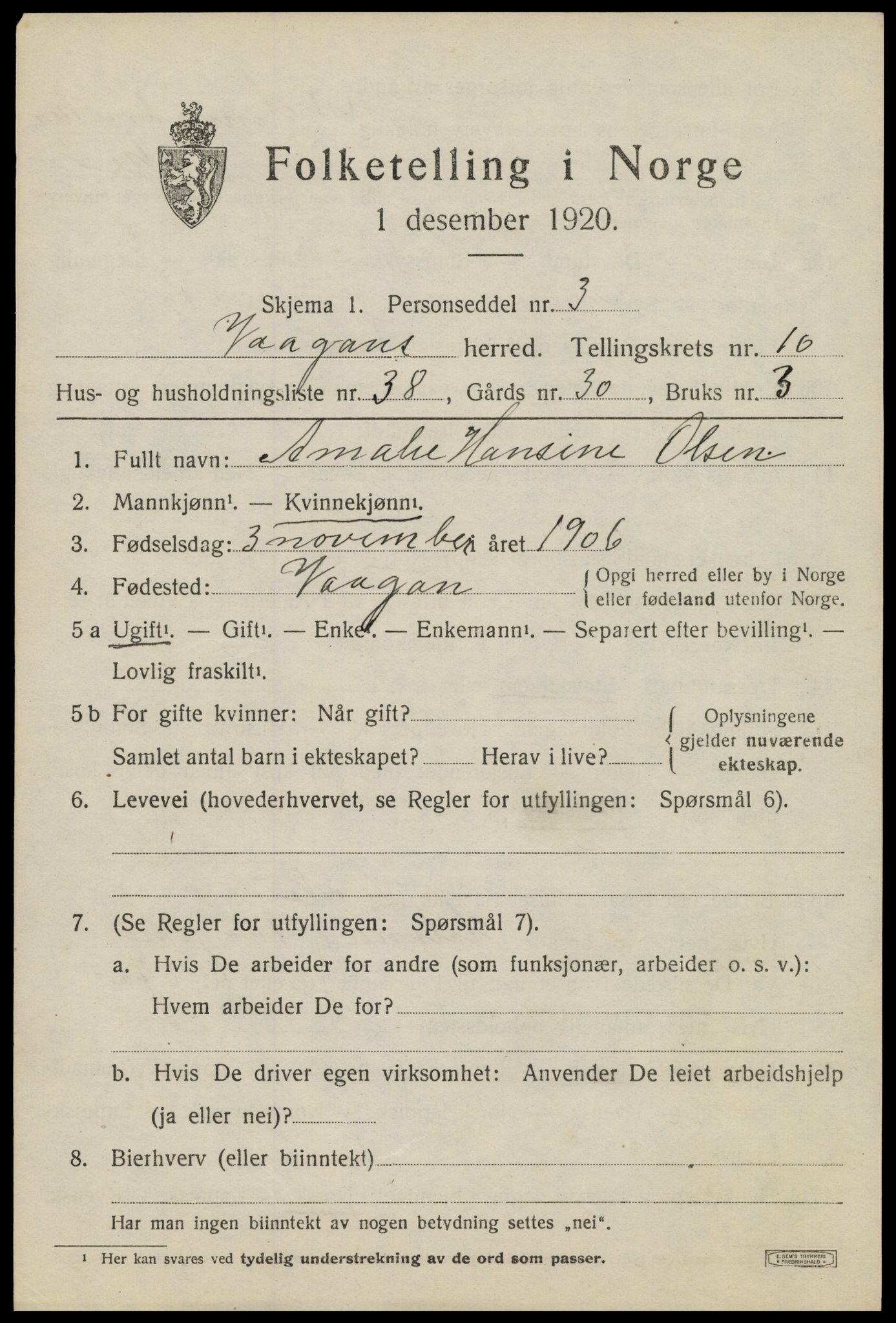 SAT, 1920 census for Vågan, 1920, p. 9303