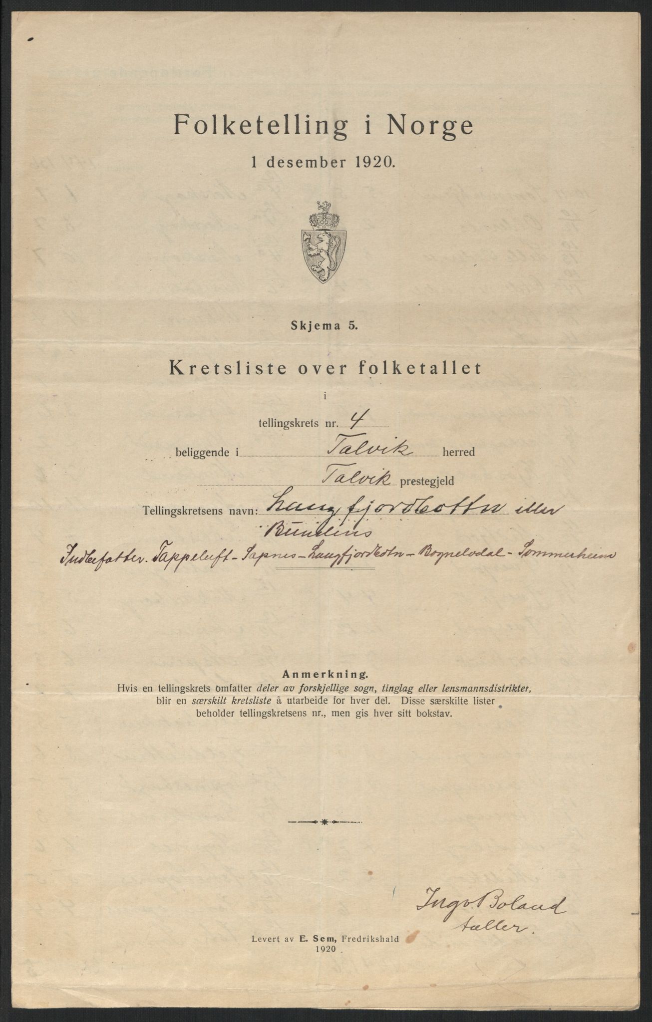 SATØ, 1920 census for Talvik, 1920, p. 15