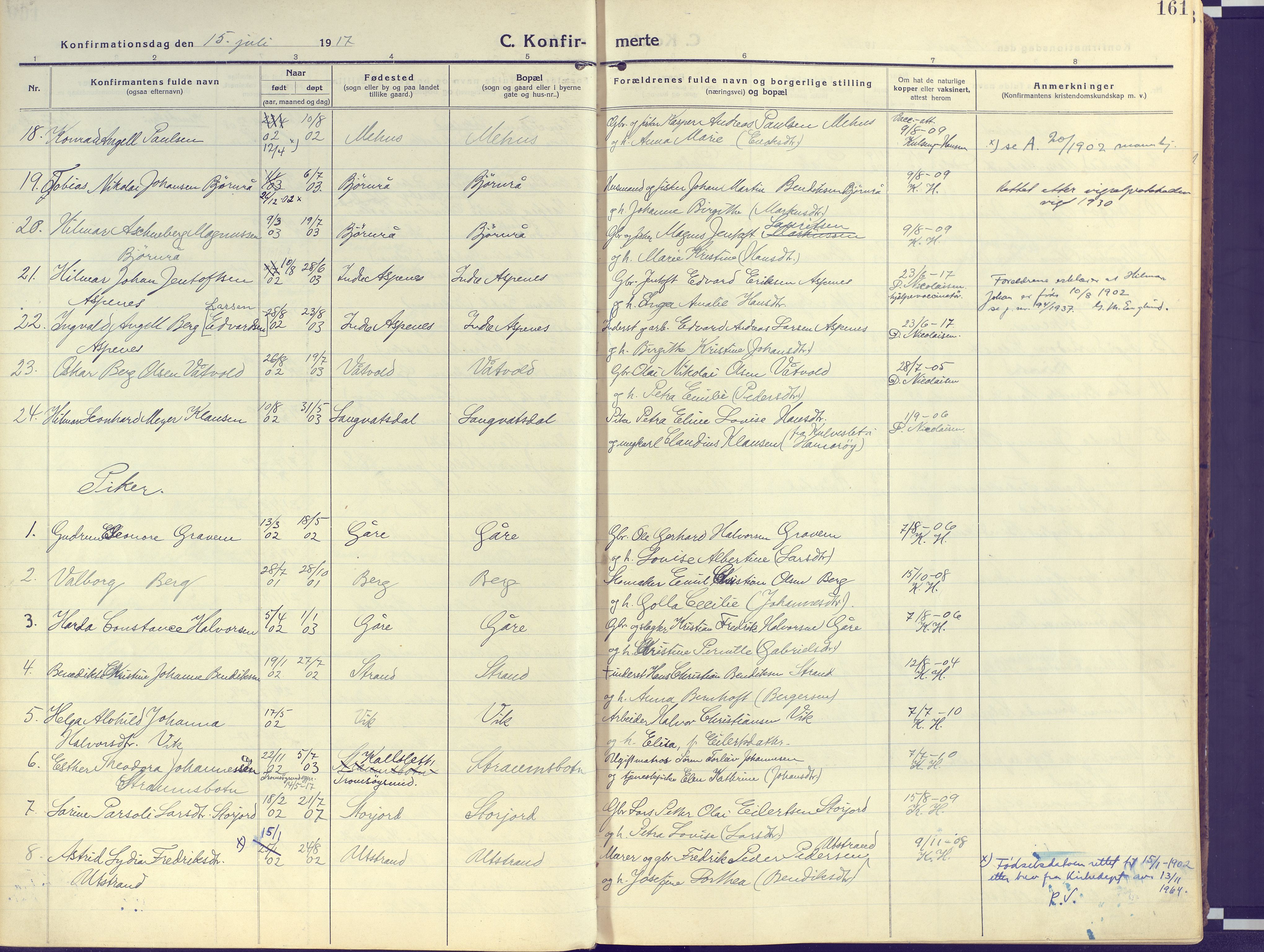 Kvæfjord sokneprestkontor, AV/SATØ-S-1323/G/Ga/Gaa/L0007kirke: Parish register (official) no. 7, 1915-1931, p. 161