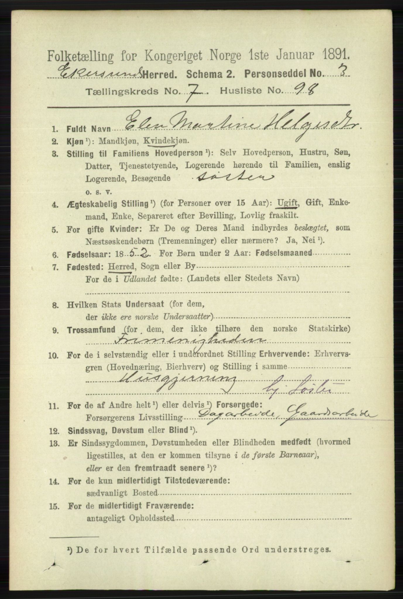 RA, 1891 census for 1116 Eigersund herred, 1891, p. 3398
