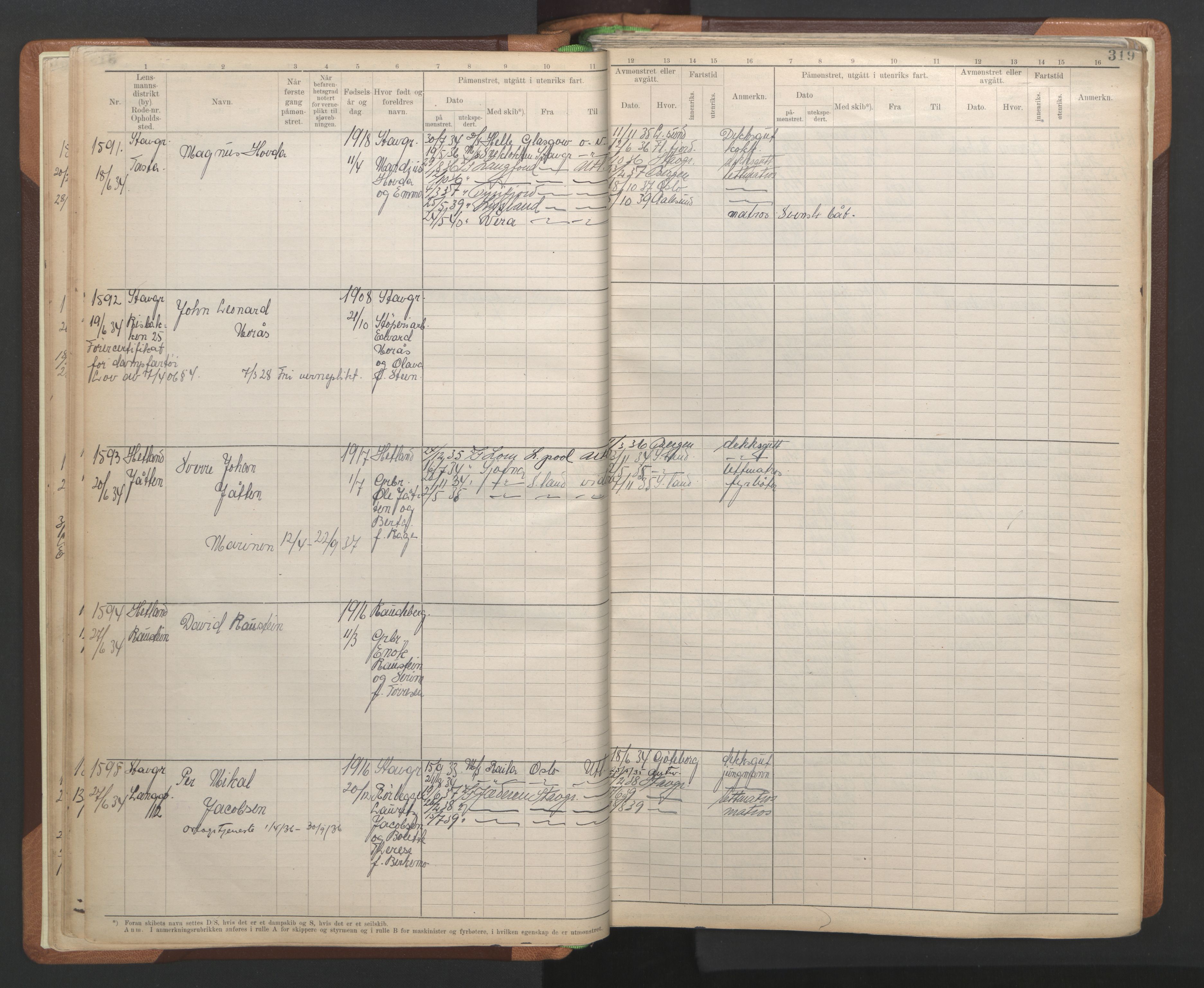 Stavanger sjømannskontor, SAST/A-102006/F/Fb/Fbb/L0014: Sjøfartshovedrulle A, patentnr. 1496-2990 (del 2), 1933-1947, p. 45