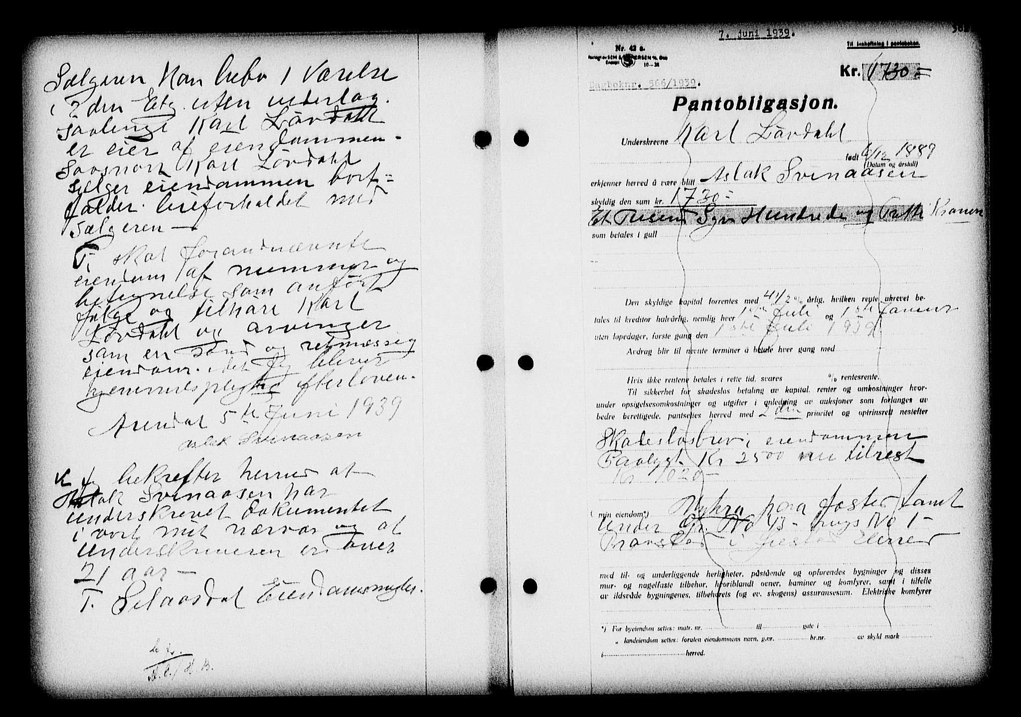 Nedenes sorenskriveri, SAK/1221-0006/G/Gb/Gba/L0046: Mortgage book no. 42, 1938-1939, Diary no: : 566/1939