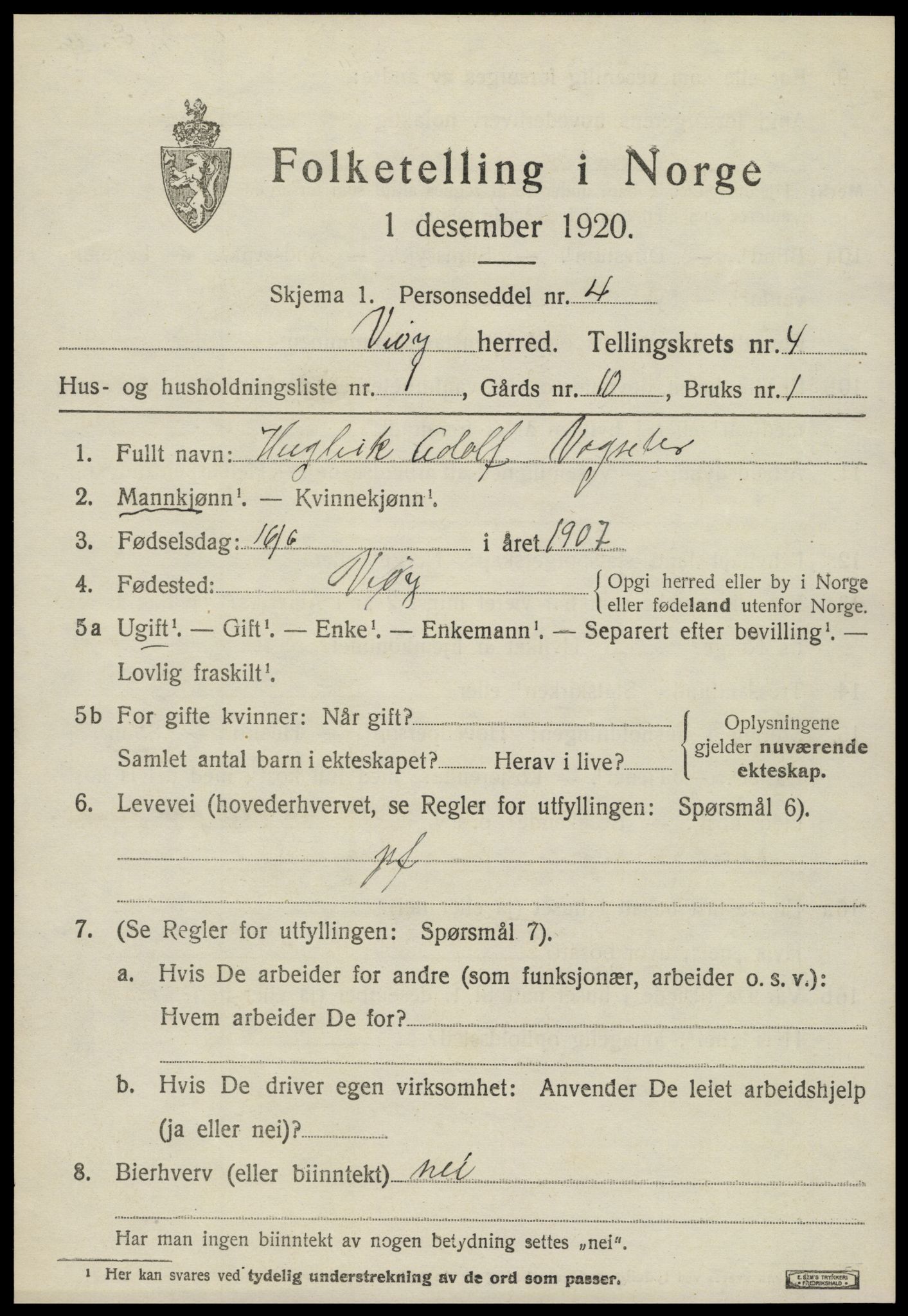 SAT, 1920 census for Veøy, 1920, p. 1677