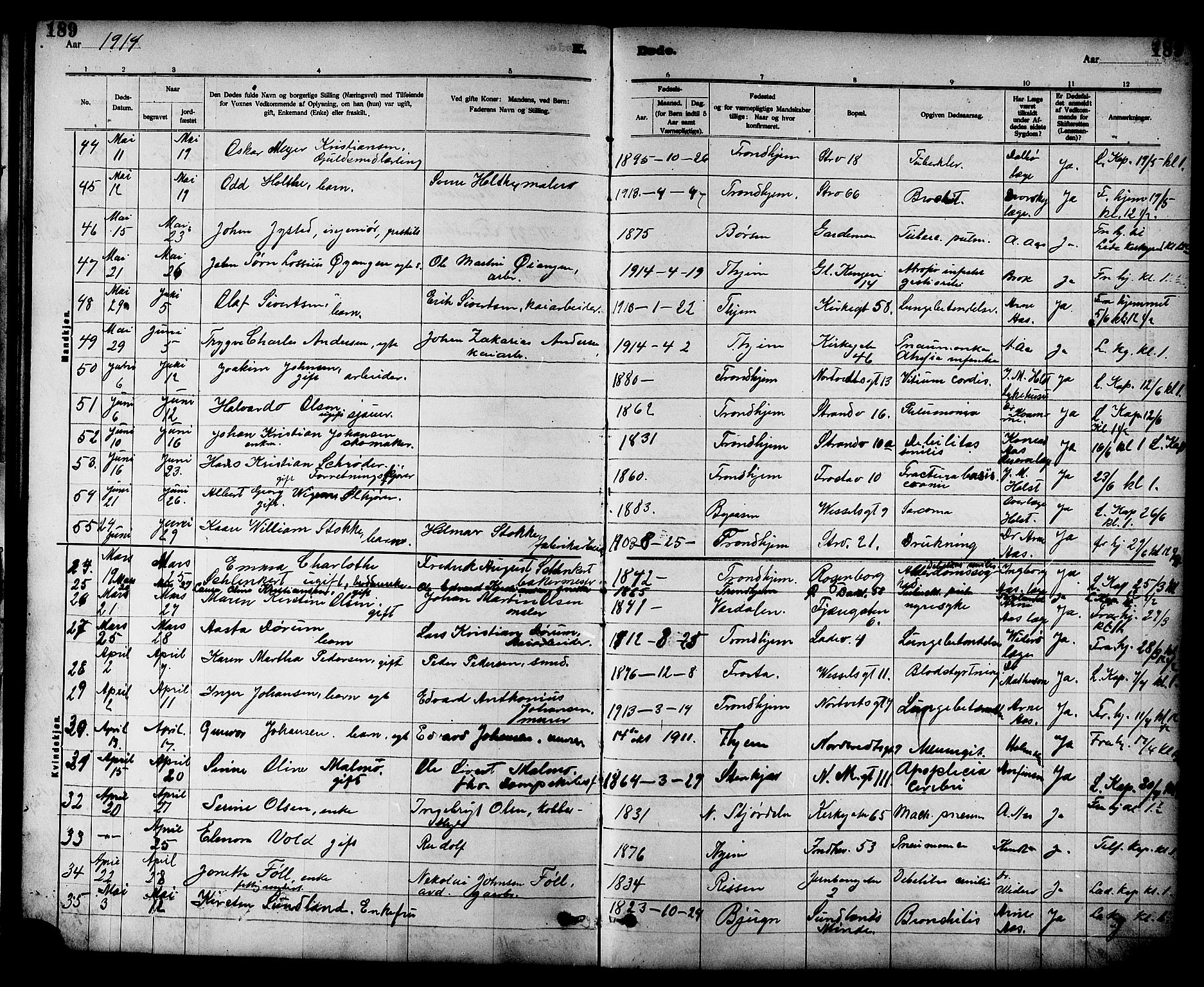 Ministerialprotokoller, klokkerbøker og fødselsregistre - Sør-Trøndelag, SAT/A-1456/605/L0255: Parish register (copy) no. 605C02, 1908-1918, p. 189