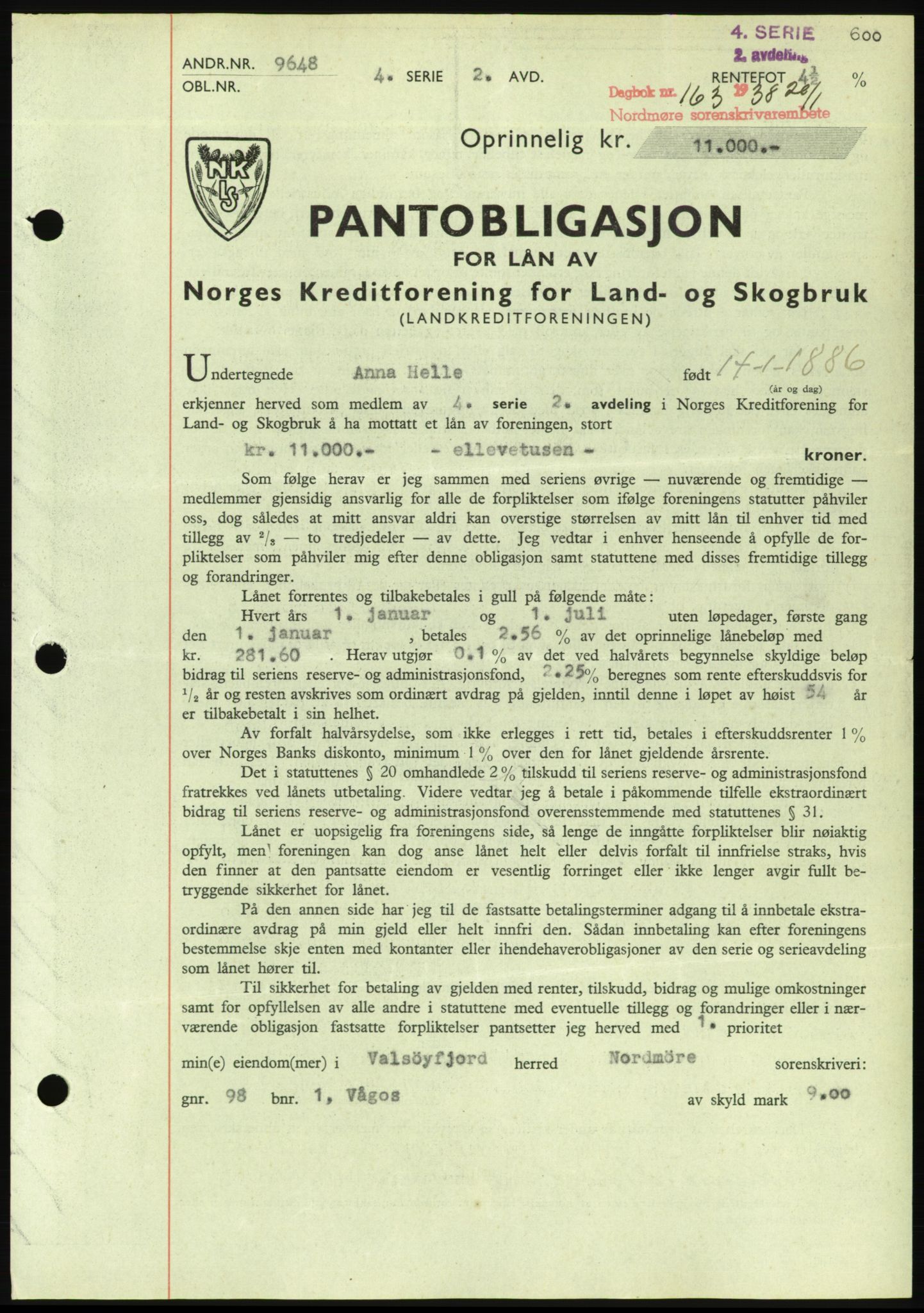 Nordmøre sorenskriveri, AV/SAT-A-4132/1/2/2Ca/L0092: Mortgage book no. B82, 1937-1938, Diary no: : 163/1938