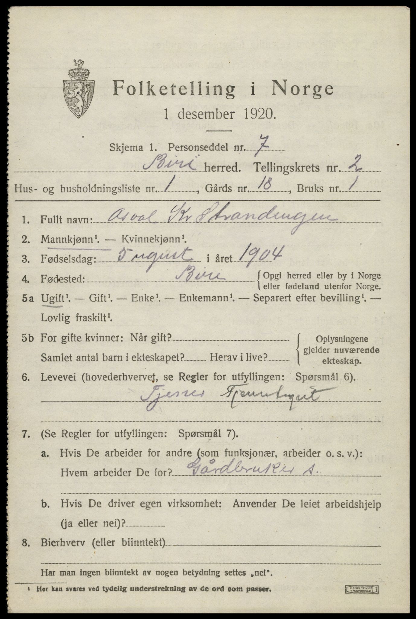 SAH, 1920 census for Biri, 1920, p. 2037