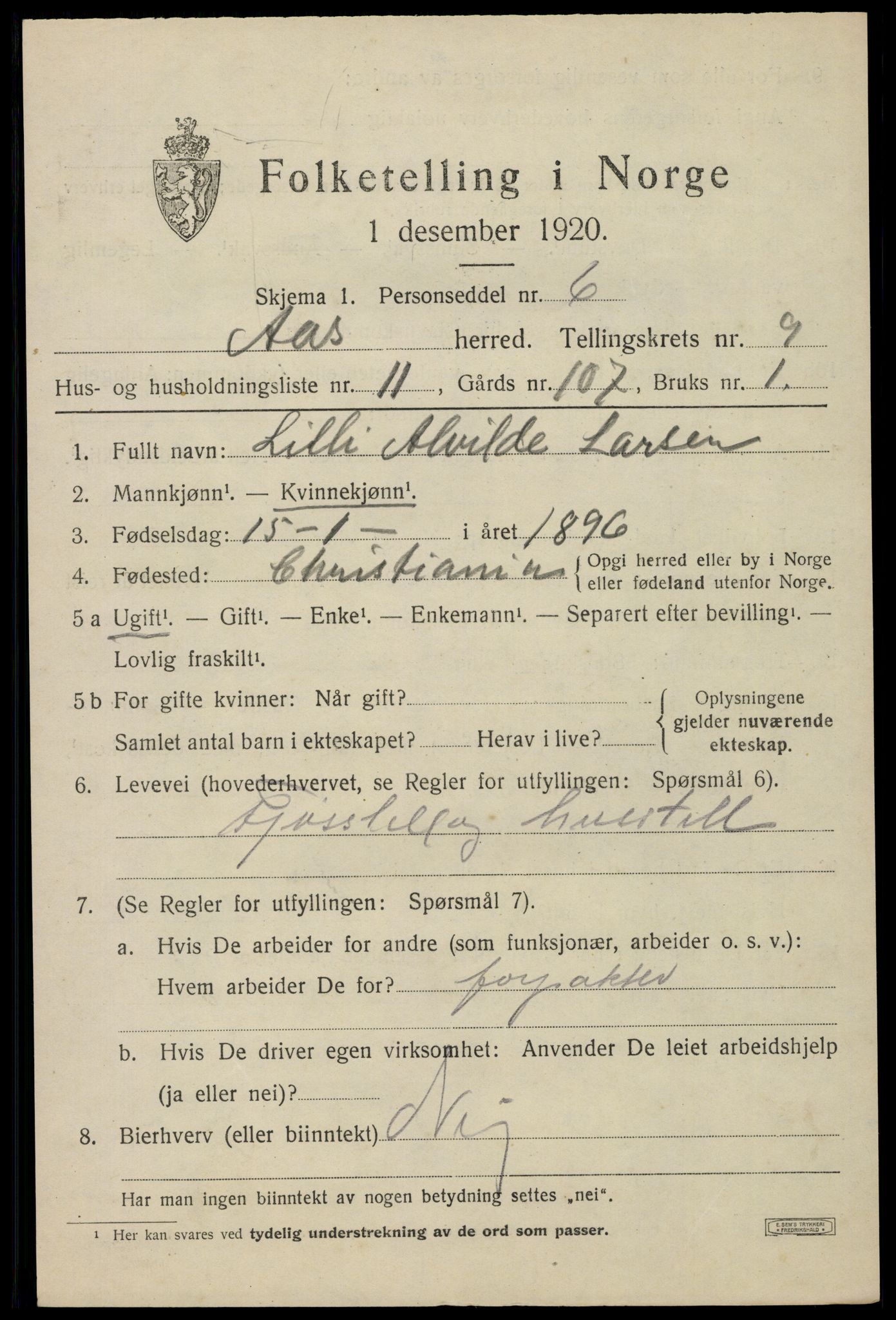 SAO, 1920 census for Ås, 1920, p. 8456