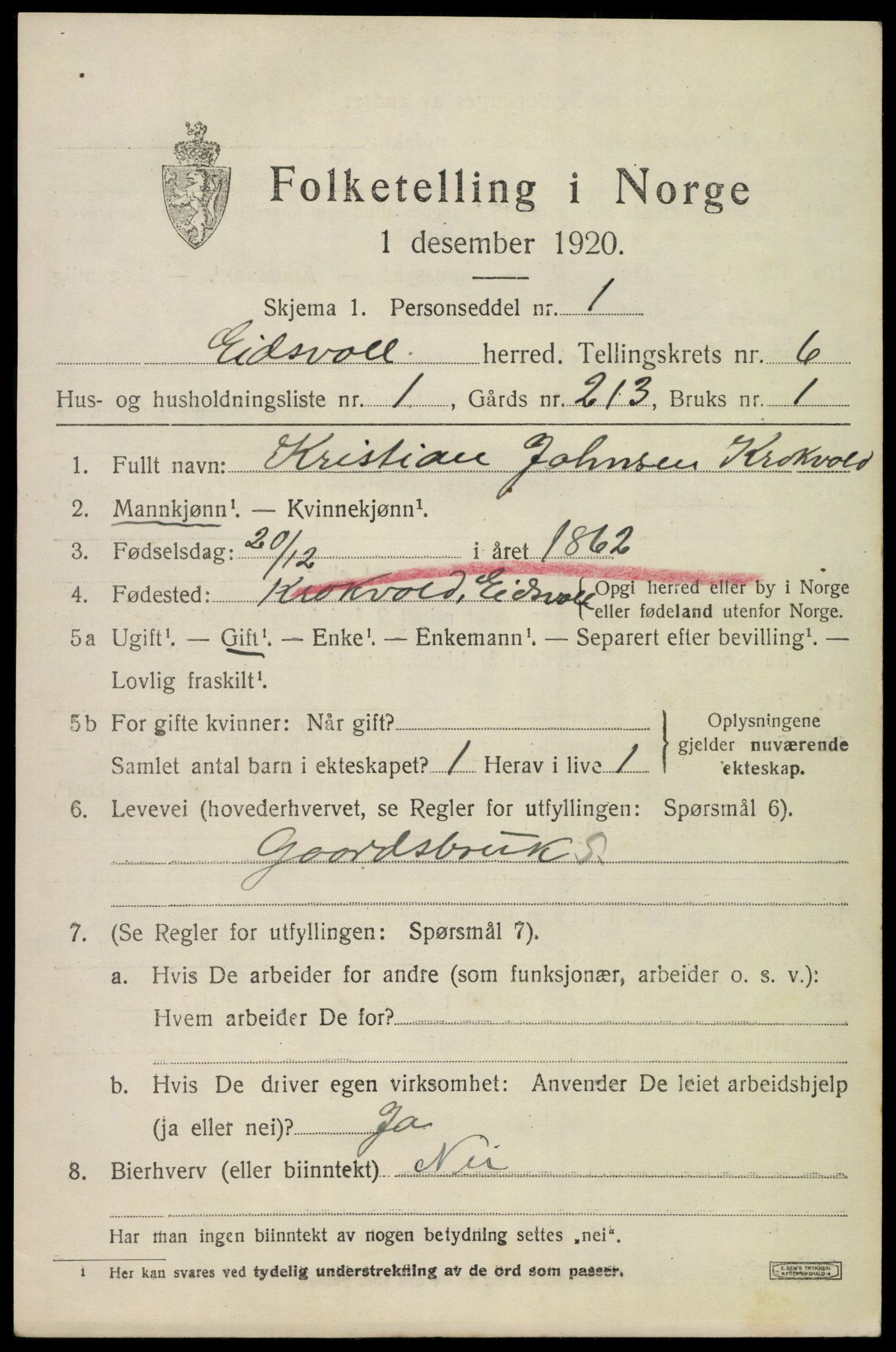 SAO, 1920 census for Eidsvoll, 1920, p. 10741