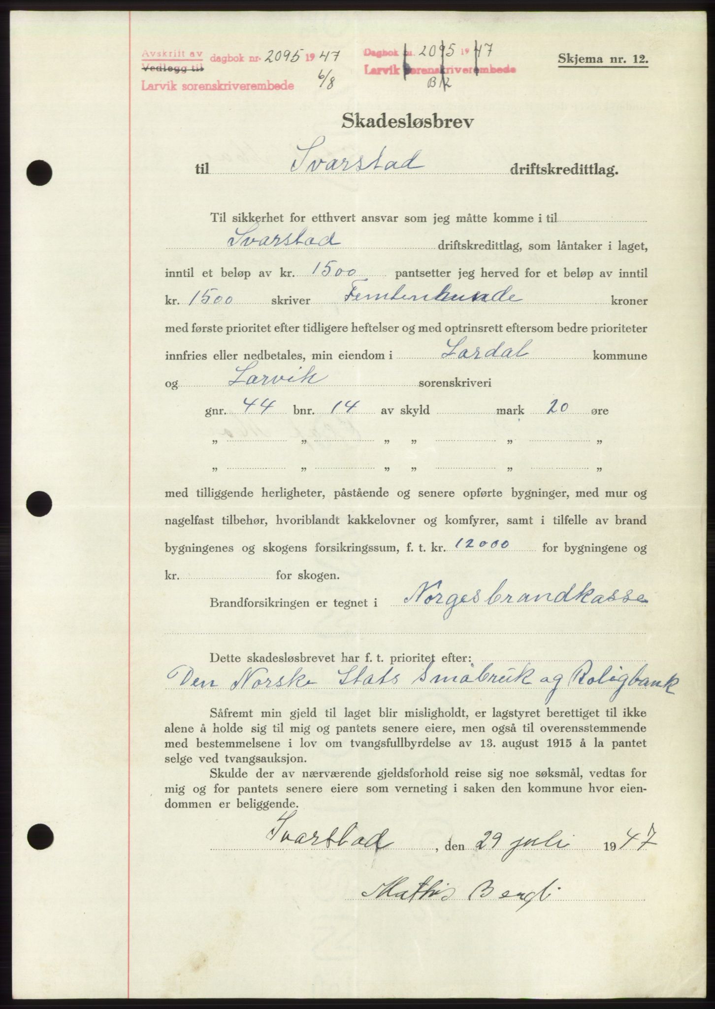Larvik sorenskriveri, AV/SAKO-A-83/G/Ga/Gac/L0012: Mortgage book no. B-12, 1947-1947, Diary no: : 2095/1947