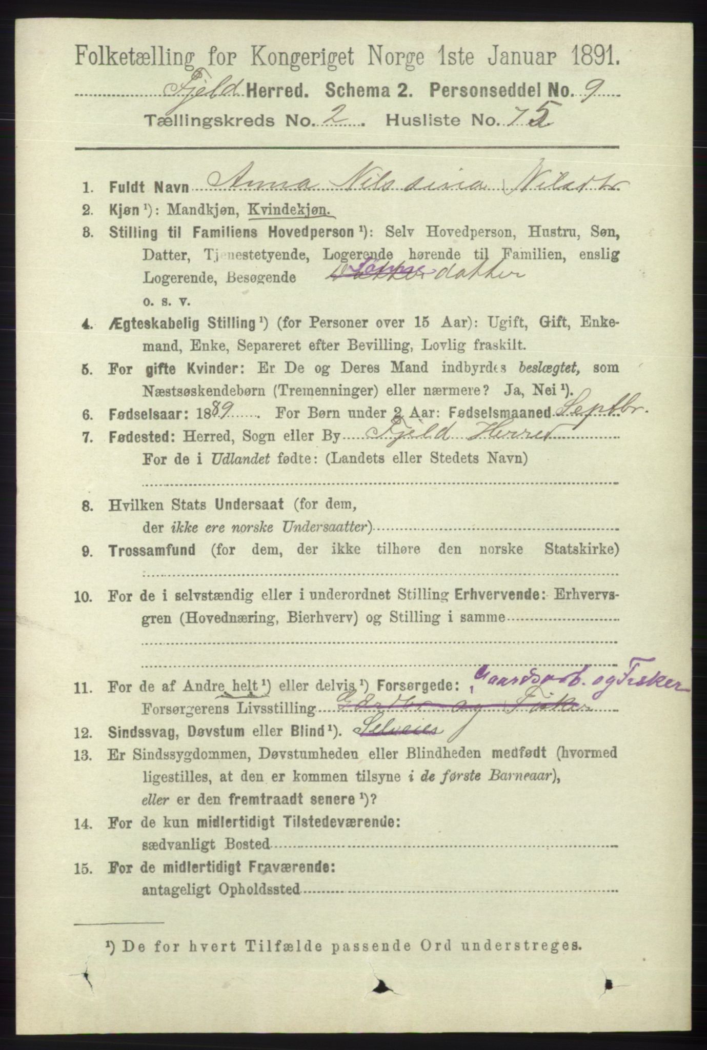 RA, 1891 census for 1246 Fjell, 1891, p. 1211