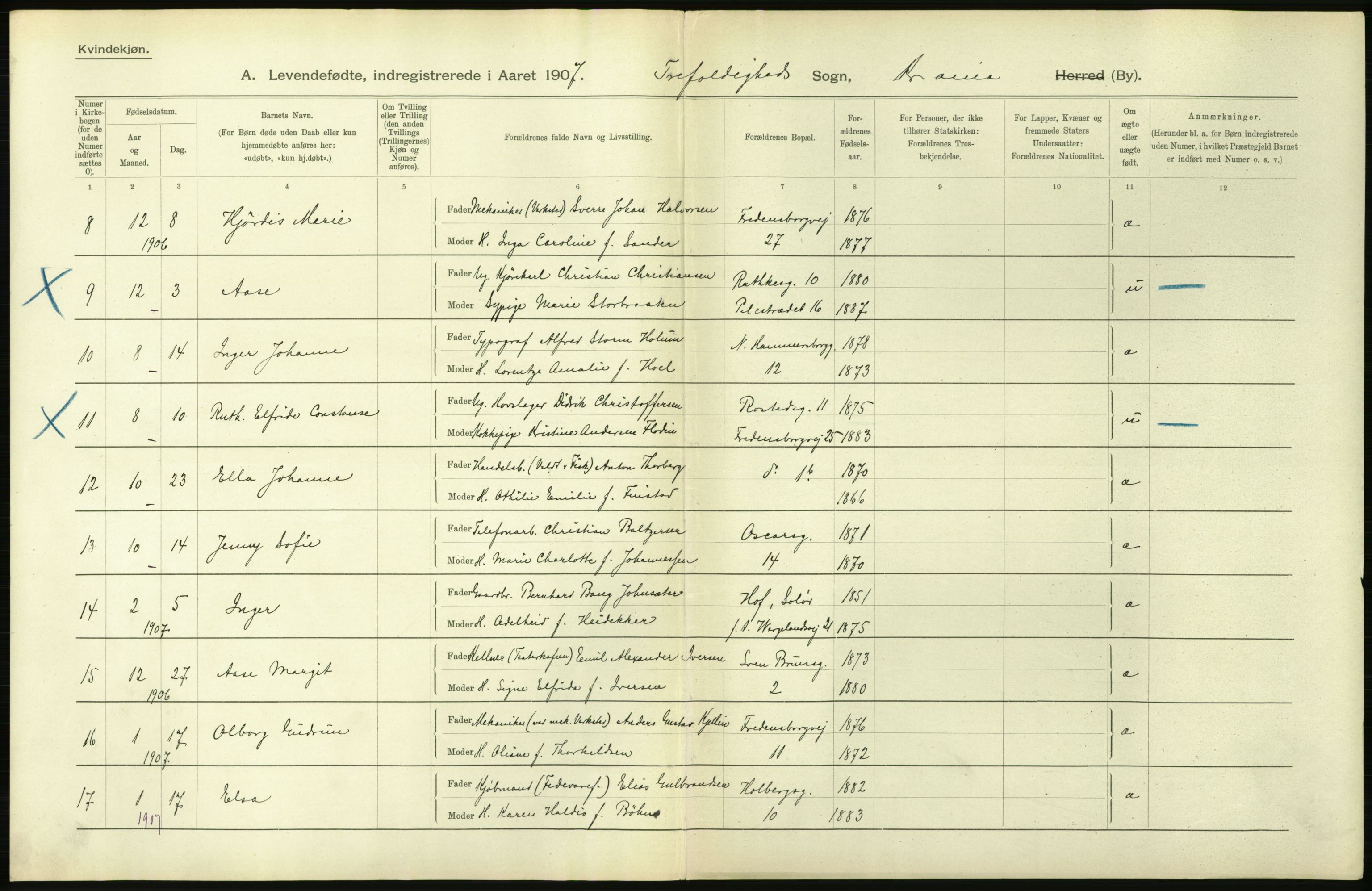 Statistisk sentralbyrå, Sosiodemografiske emner, Befolkning, AV/RA-S-2228/D/Df/Dfa/Dfae/L0006: Kristiania: Levendefødte menn og kvinner., 1907, p. 370