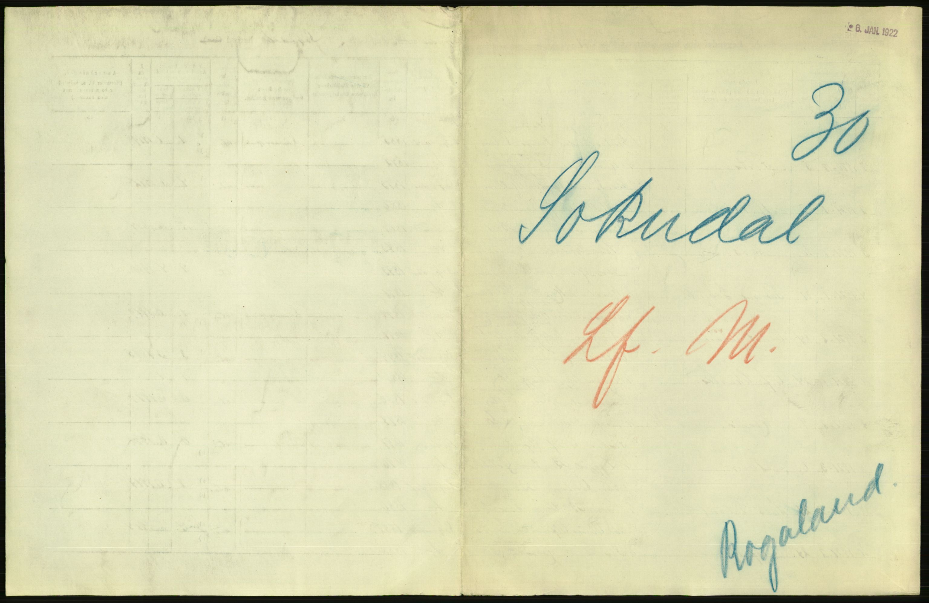 Statistisk sentralbyrå, Sosiodemografiske emner, Befolkning, RA/S-2228/D/Df/Dfc/Dfca/L0028: Rogaland fylke: Levendefødte menn og kvinner. Bygder., 1921, p. 1