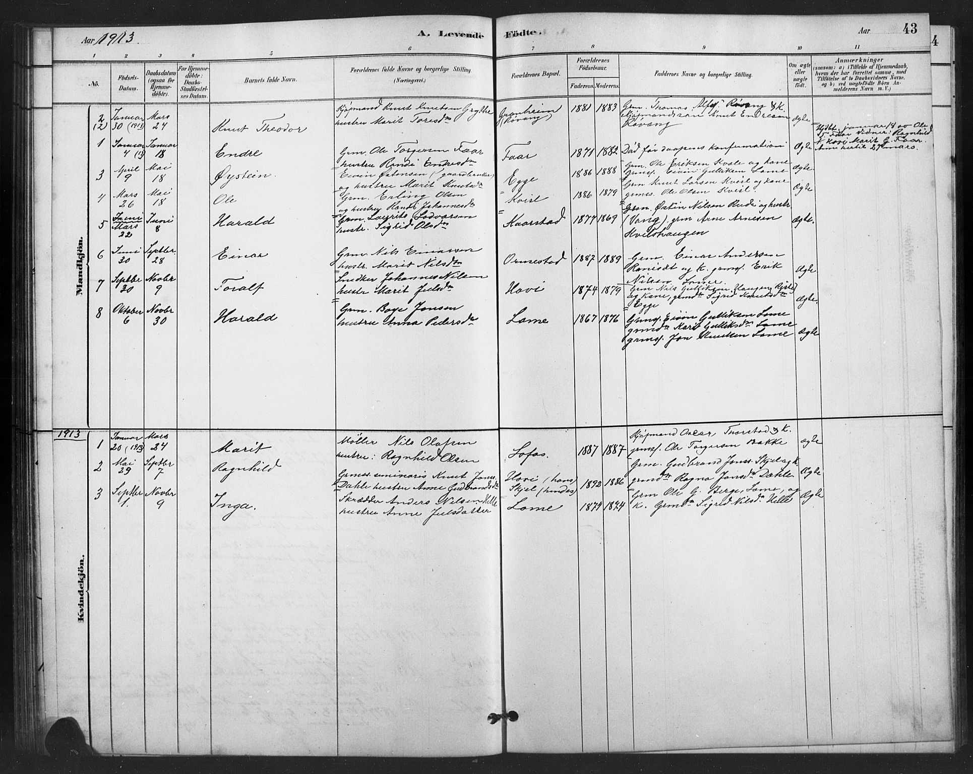 Vestre Slidre prestekontor, SAH/PREST-136/H/Ha/Hab/L0006: Parish register (copy) no. 6, 1881-1915, p. 43