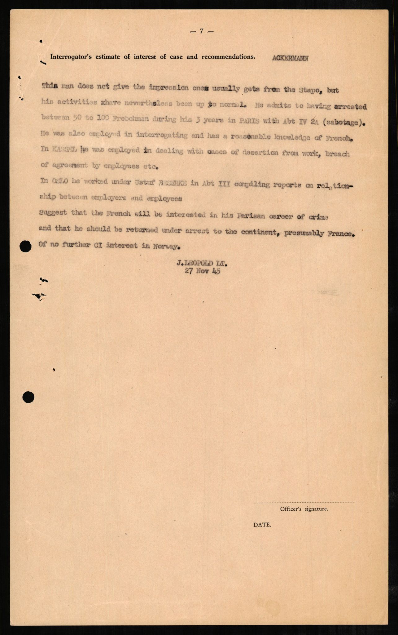 Forsvaret, Forsvarets overkommando II, AV/RA-RAFA-3915/D/Db/L0001: CI Questionaires. Tyske okkupasjonsstyrker i Norge. Tyskere., 1945-1946, p. 26