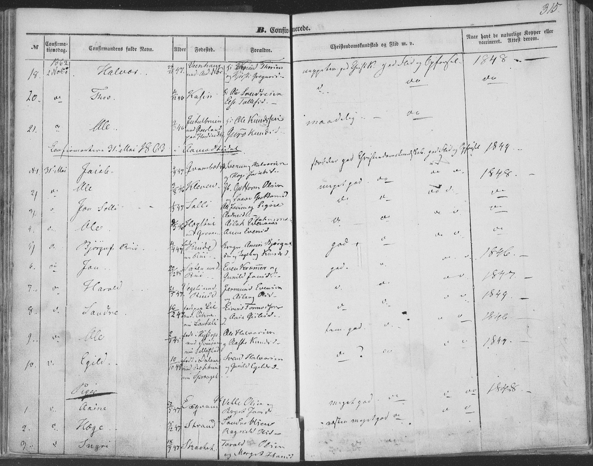Seljord kirkebøker, SAKO/A-20/F/Fa/L012b: Parish register (official) no. I 12B, 1850-1865, p. 315