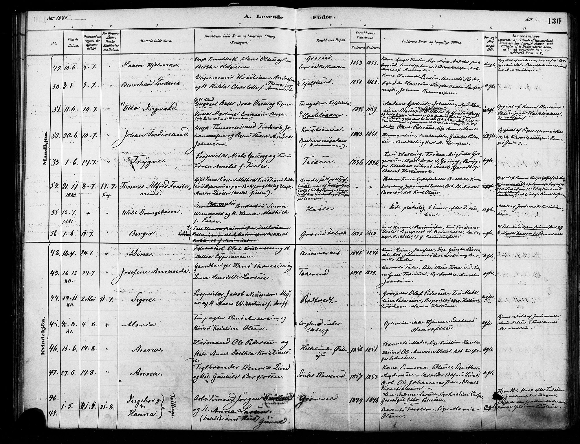 Østre Aker prestekontor Kirkebøker, SAO/A-10840/F/Fa/L0006: Parish register (official) no. I 5, 1879-1882, p. 130