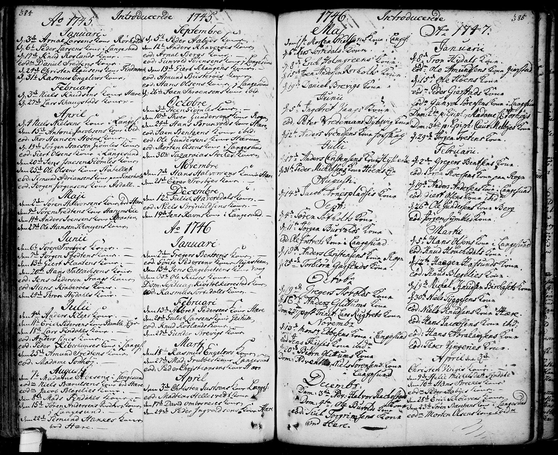 Bamble kirkebøker, SAKO/A-253/F/Fa/L0001: Parish register (official) no. I 1, 1702-1774, p. 384-385