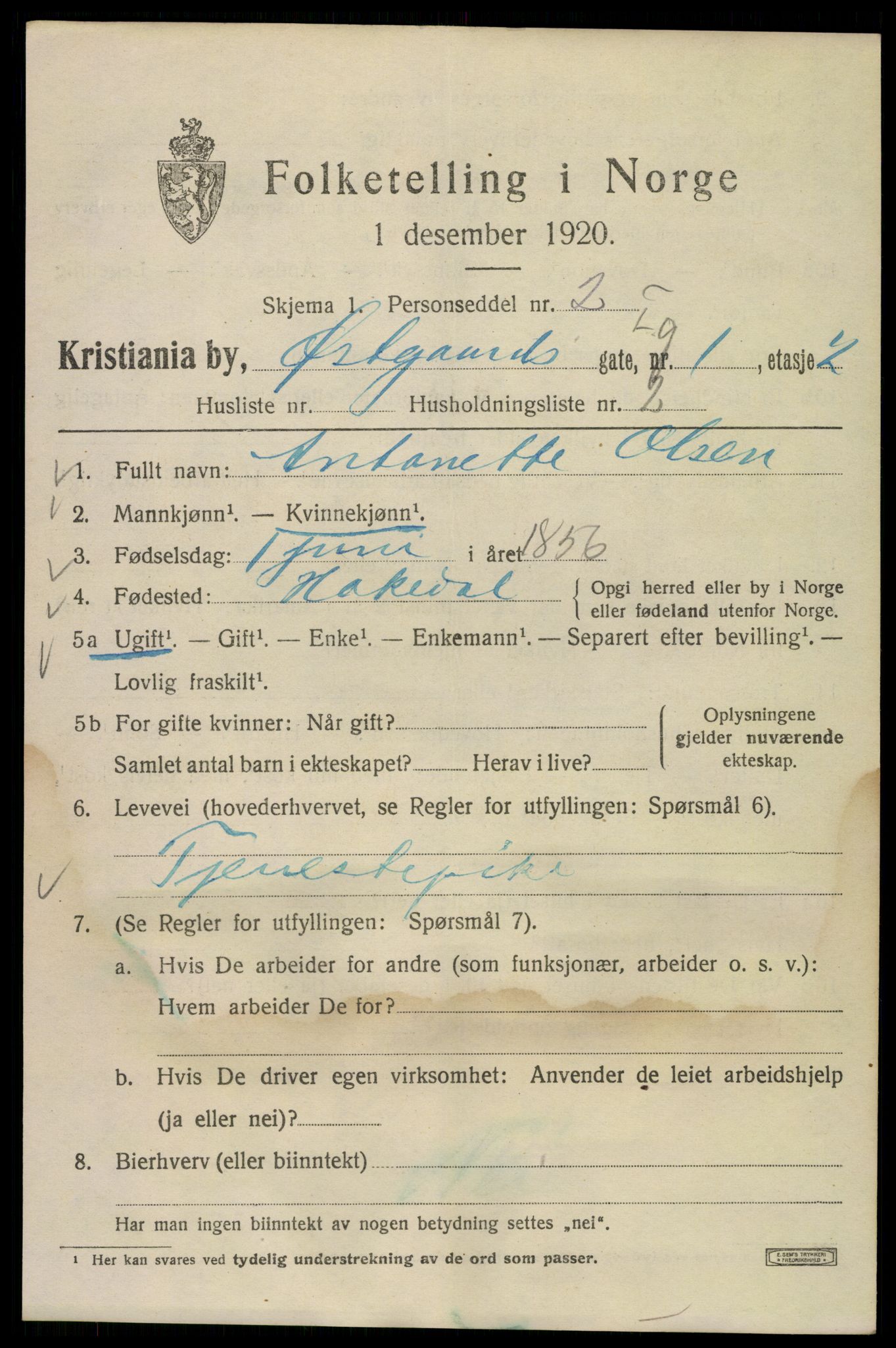 SAO, 1920 census for Kristiania, 1920, p. 656443