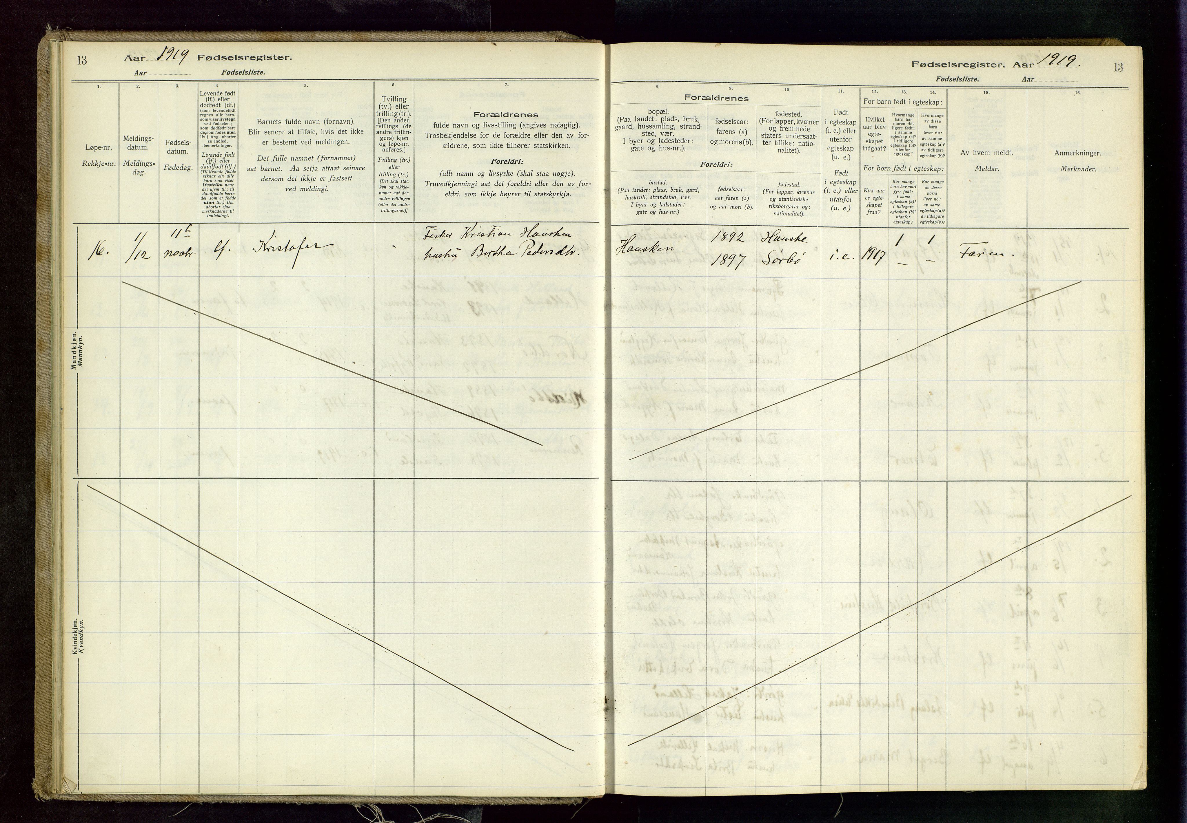 Rennesøy sokneprestkontor, AV/SAST-A -101827/I/Id/L0001: Birth register no. 1, 1916-1982, p. 13