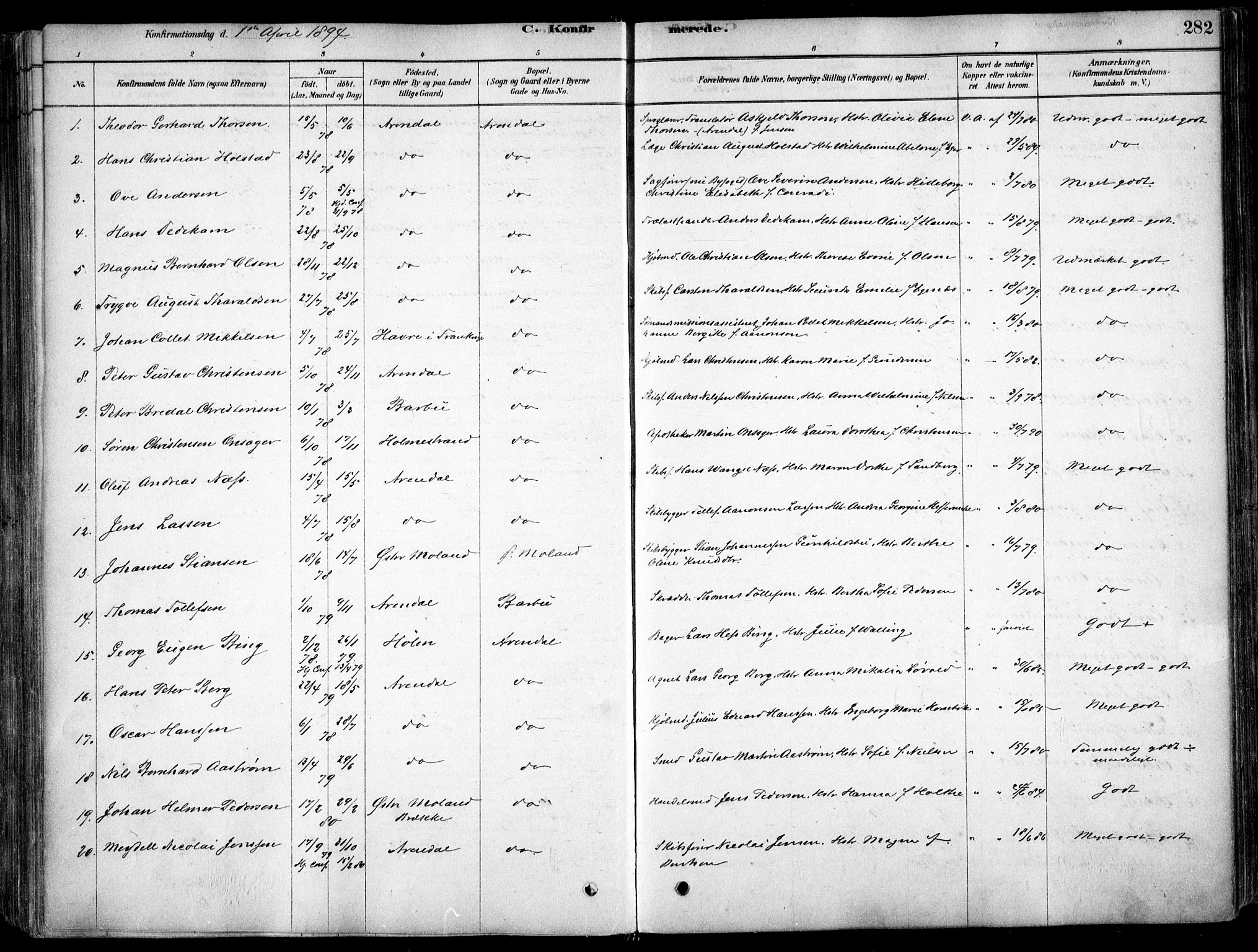 Arendal sokneprestkontor, Trefoldighet, SAK/1111-0040/F/Fa/L0008: Parish register (official) no. A 8, 1878-1899, p. 282