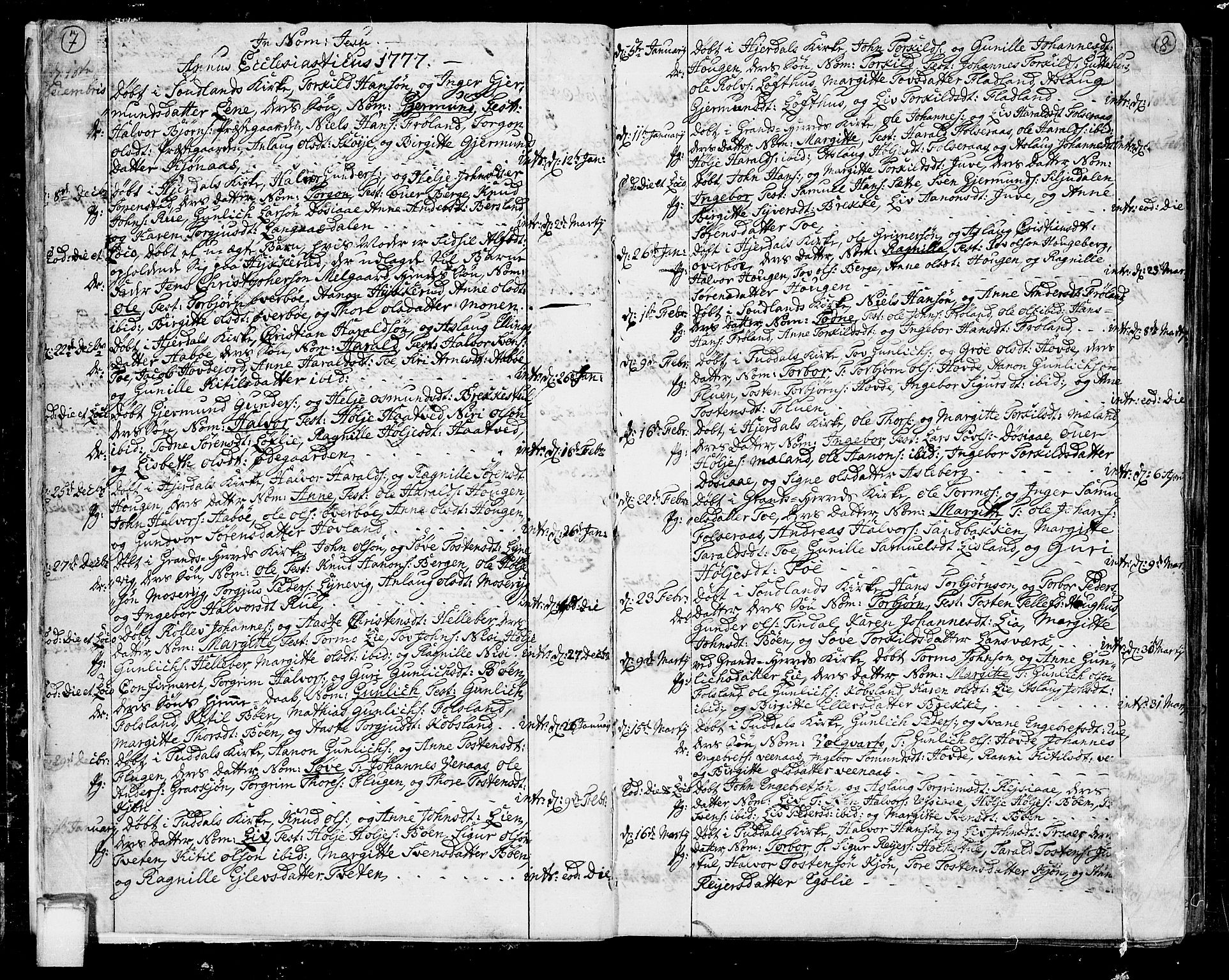 Hjartdal kirkebøker, SAKO/A-270/F/Fa/L0005: Parish register (official) no. I 5, 1776-1801, p. 7-8